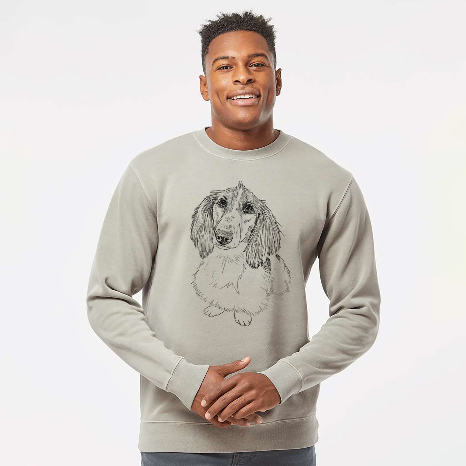 Doodled Bella the Long Haired Dachshund - Unisex Pigment Dyed Crew Sweatshirt