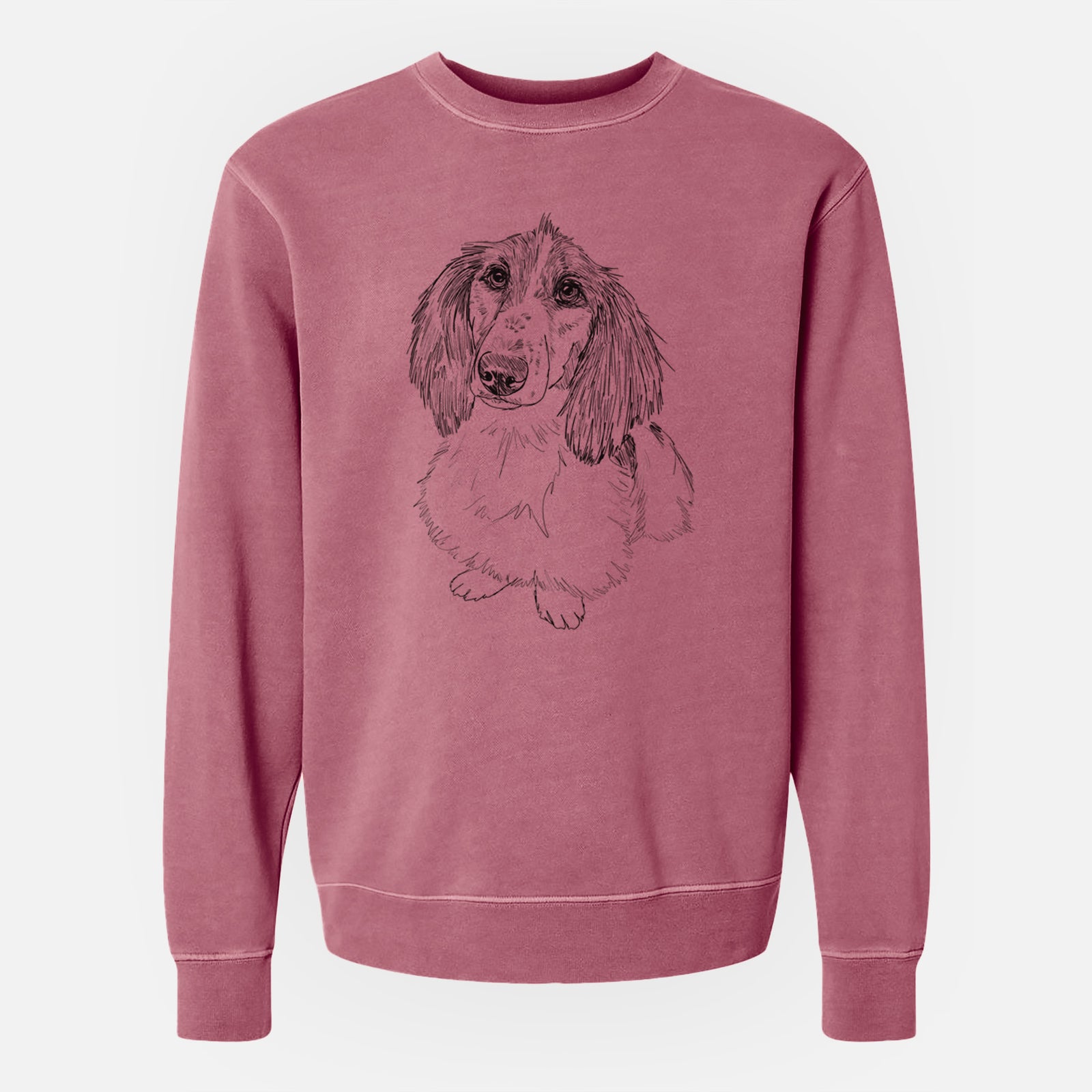 Doodled Bella the Long Haired Dachshund - Unisex Pigment Dyed Crew Sweatshirt