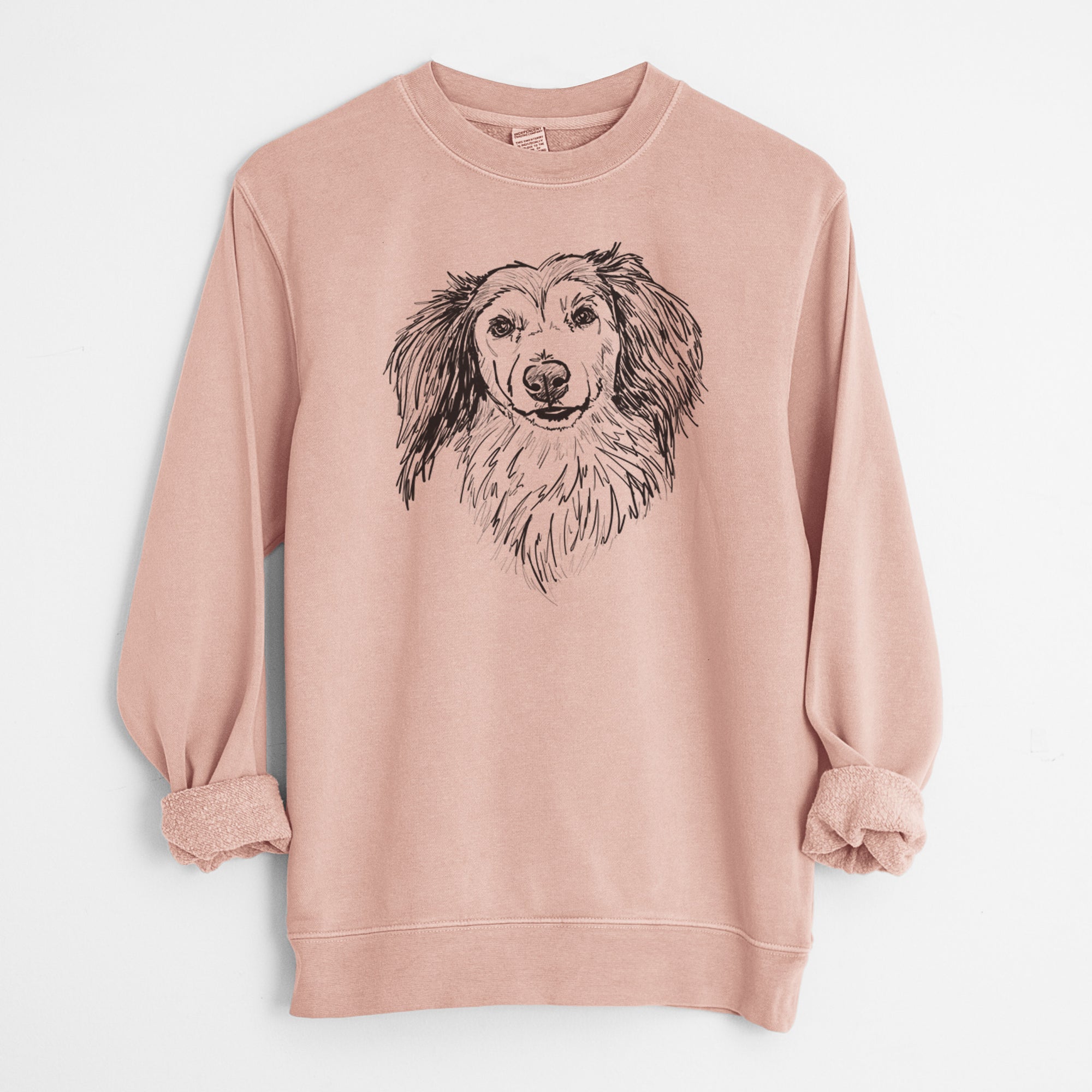 Doodled Bentley the Long Haired Dachshund - Unisex Pigment Dyed Crew Sweatshirt