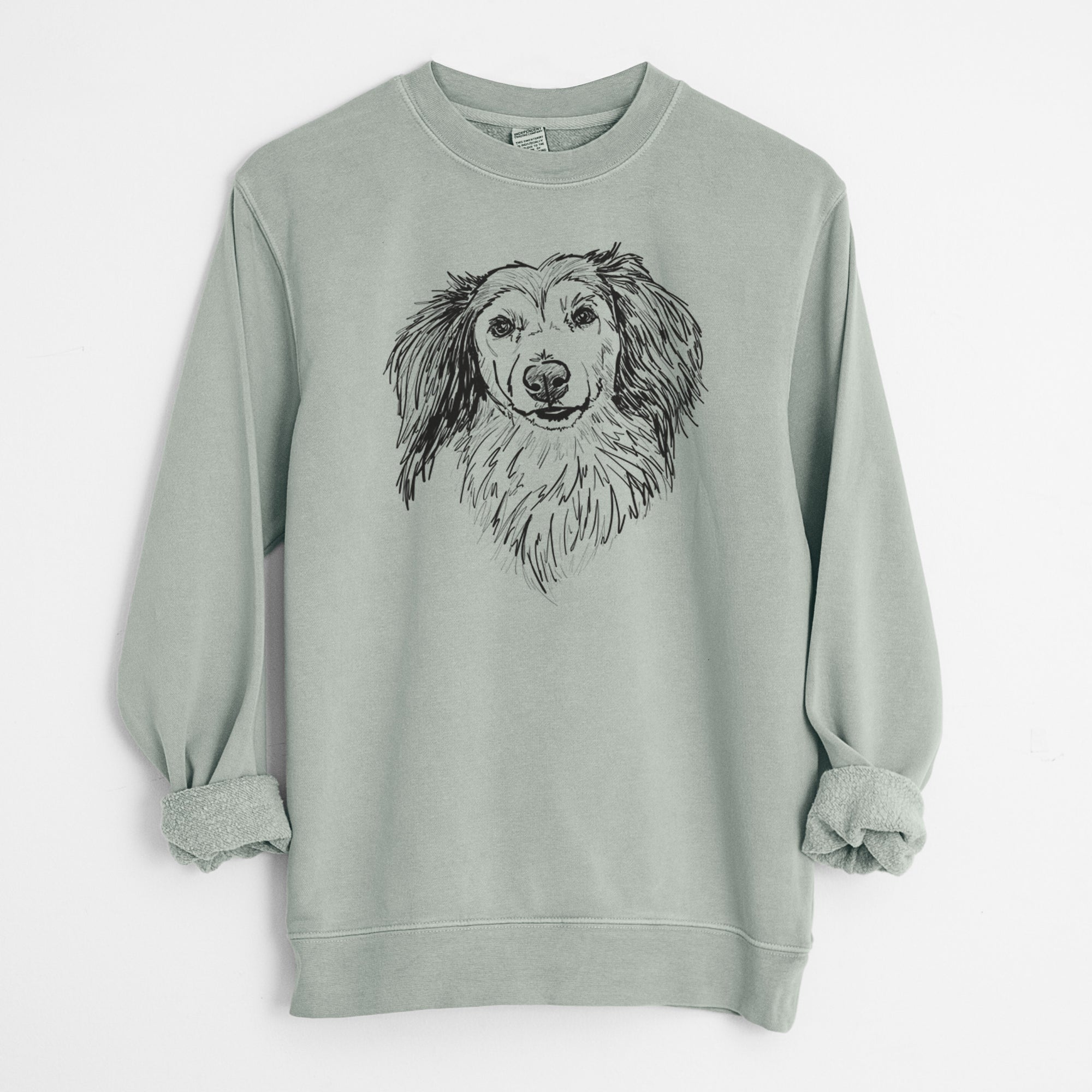 Doodled Bentley the Long Haired Dachshund - Unisex Pigment Dyed Crew Sweatshirt