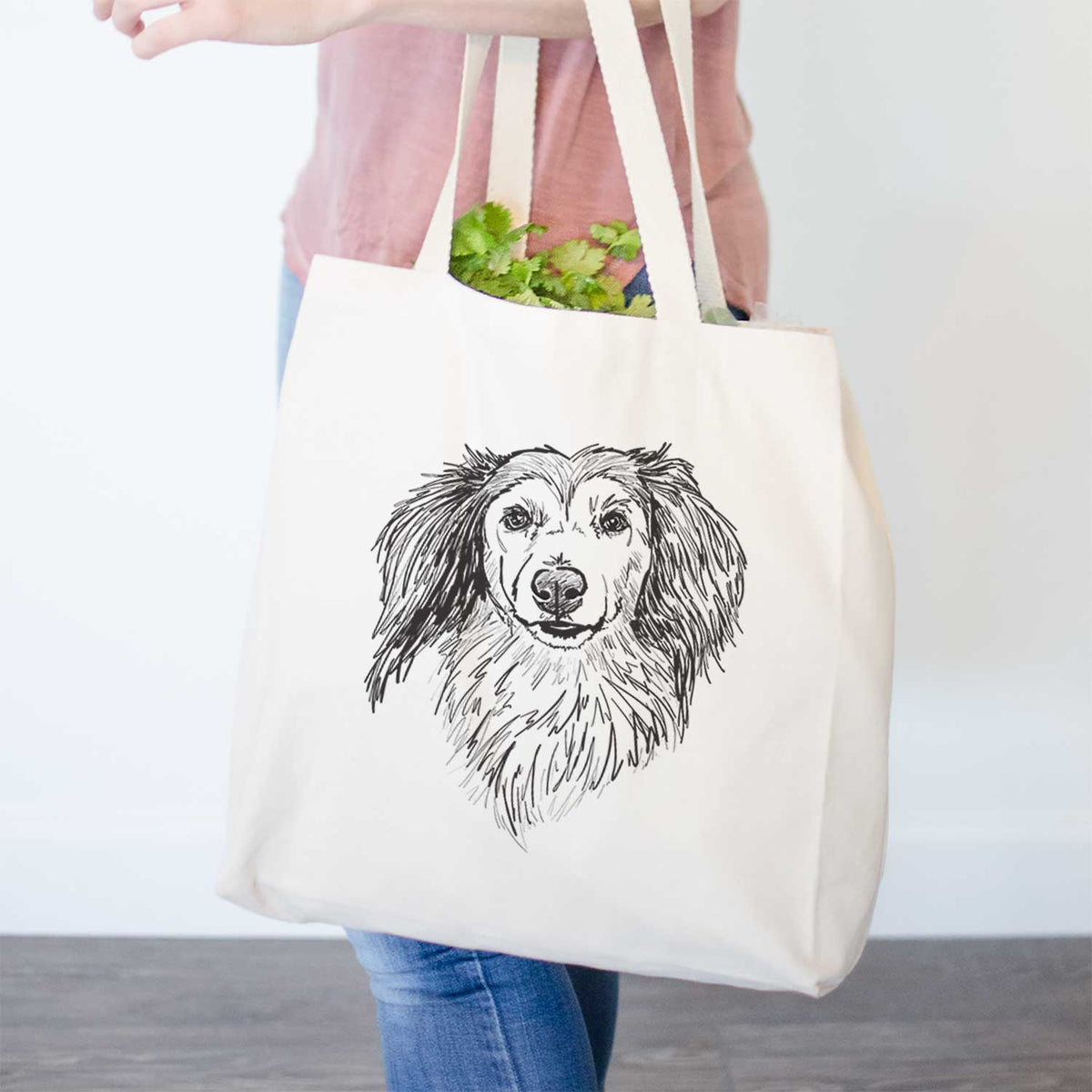 Doodled Bentley the Long Haired Dachshund - Tote Bag