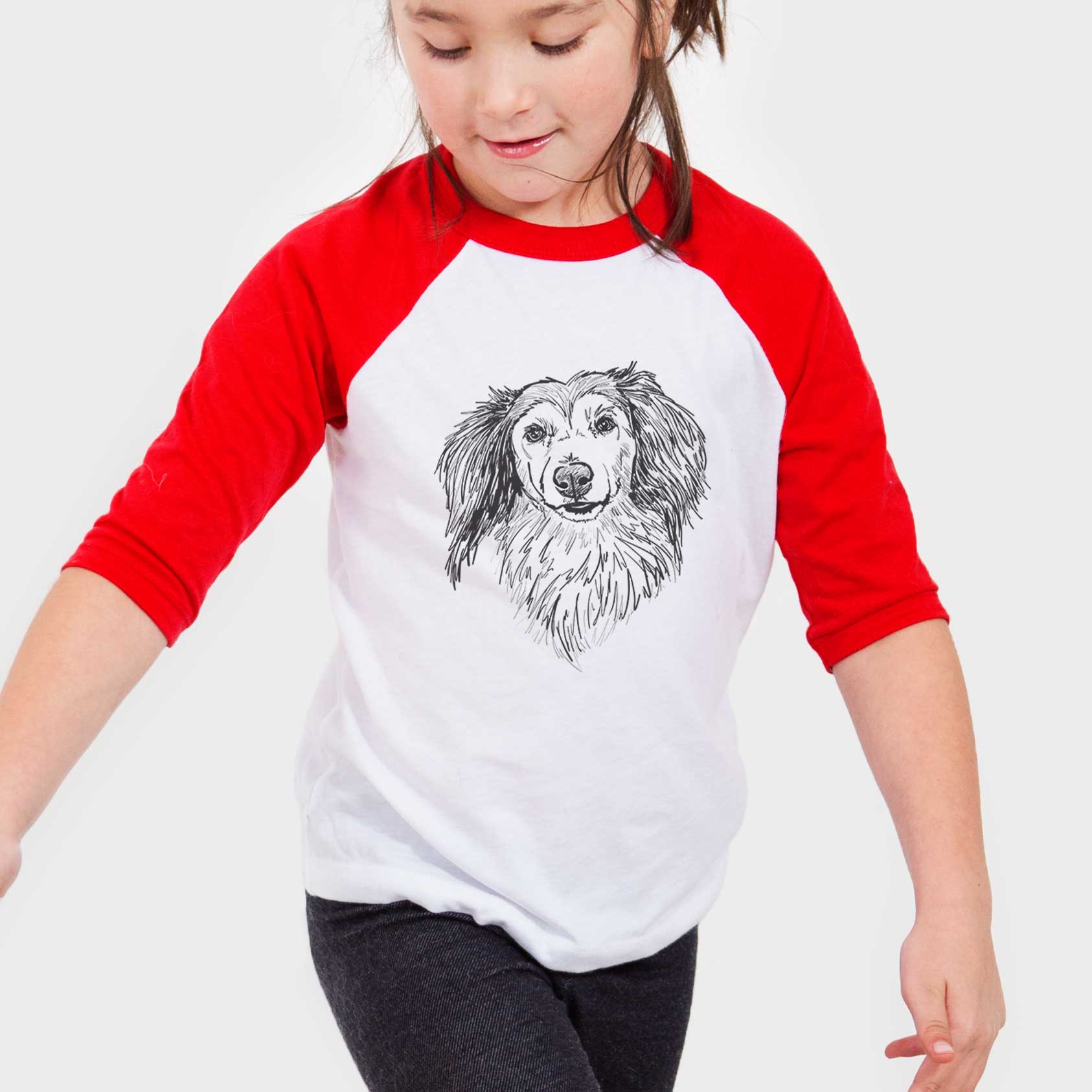 Doodled Bentley the Long Haired Dachshund - Youth 3/4 Long Sleeve