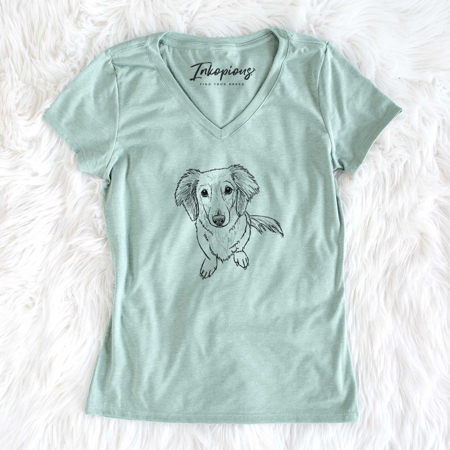 Doodled Enzo the Long Haired Dachshund - Women's V-neck Shirt