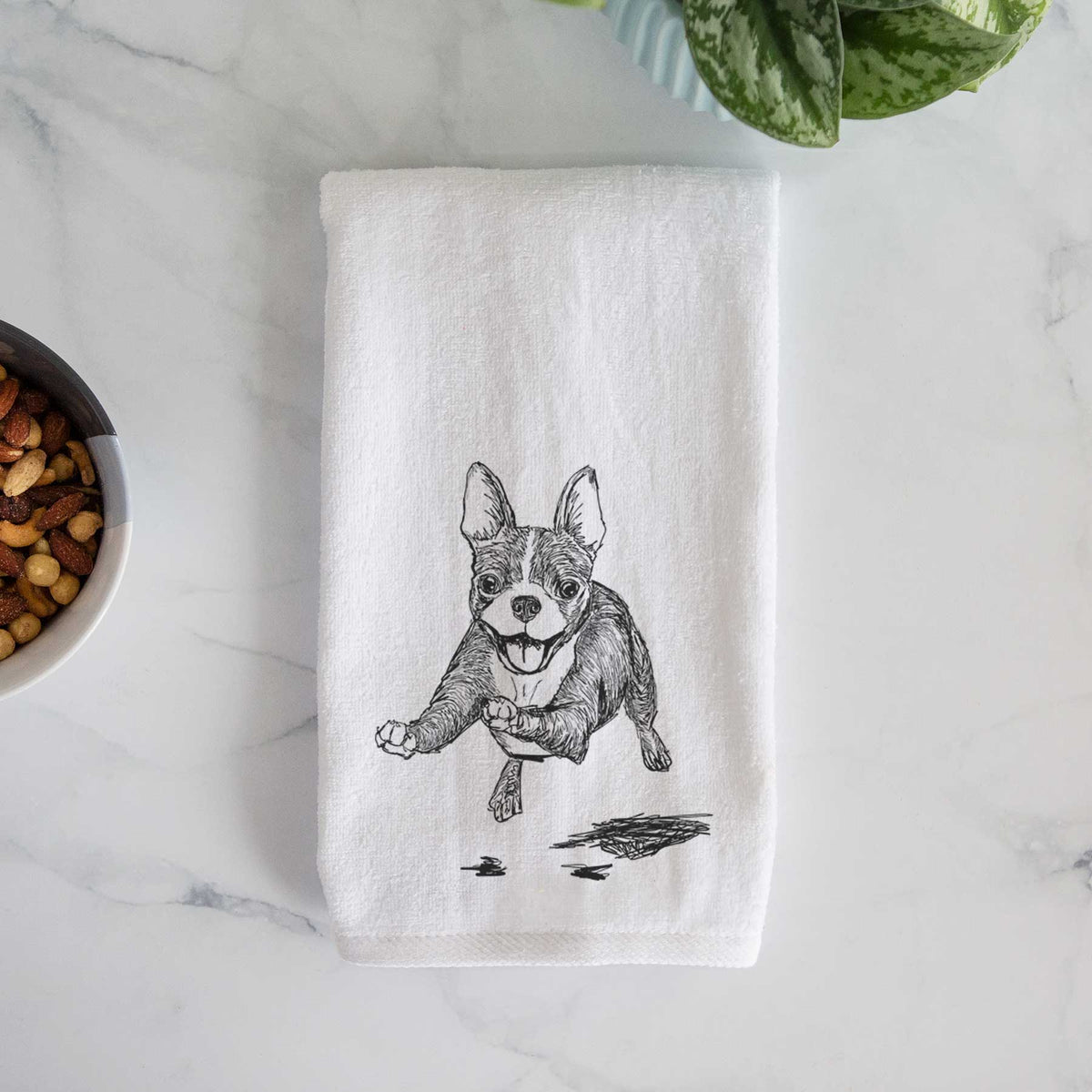 Doodled FiFi the Boston Terrier Decorative Hand Towel