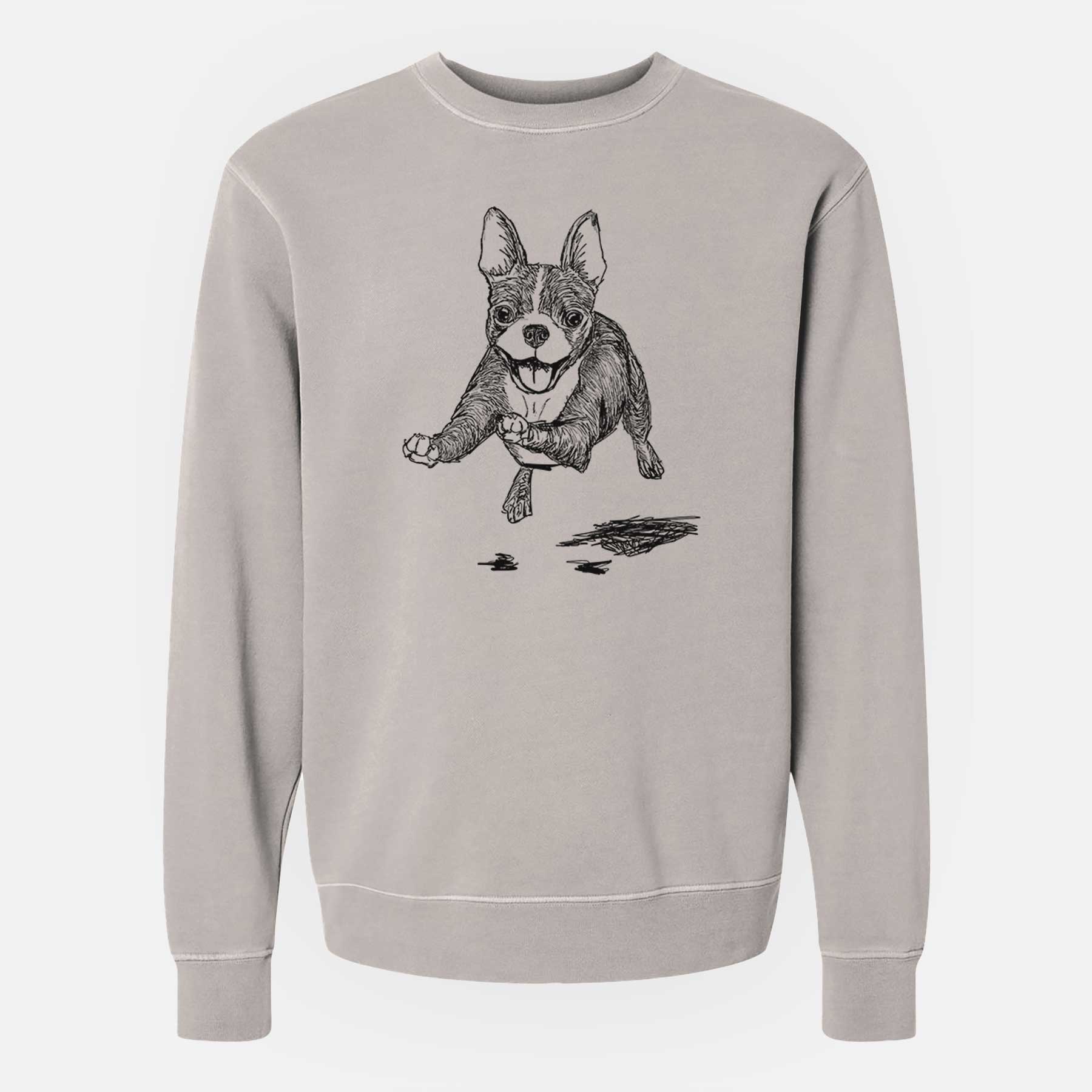 Doodled FiFi the Boston Terrier - Unisex Pigment Dyed Crew Sweatshirt