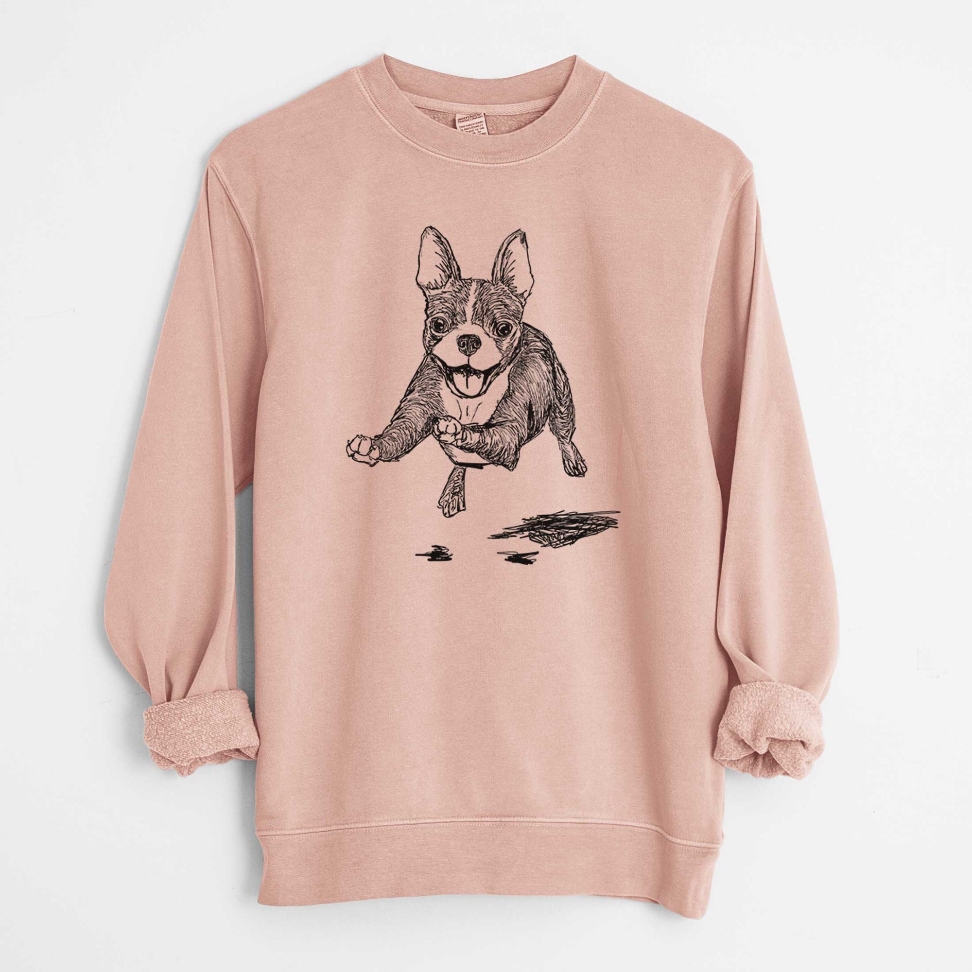 Doodled FiFi the Boston Terrier - Unisex Pigment Dyed Crew Sweatshirt