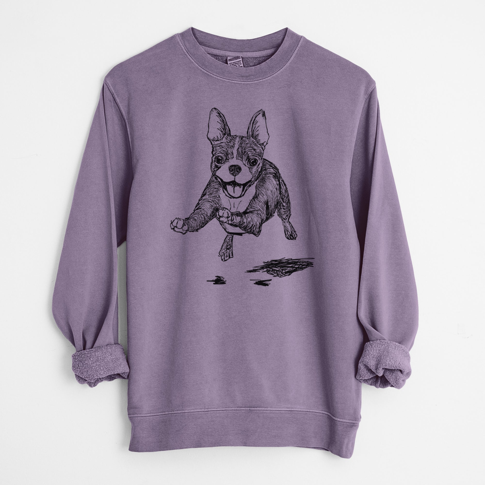 Doodled FiFi the Boston Terrier - Unisex Pigment Dyed Crew Sweatshirt