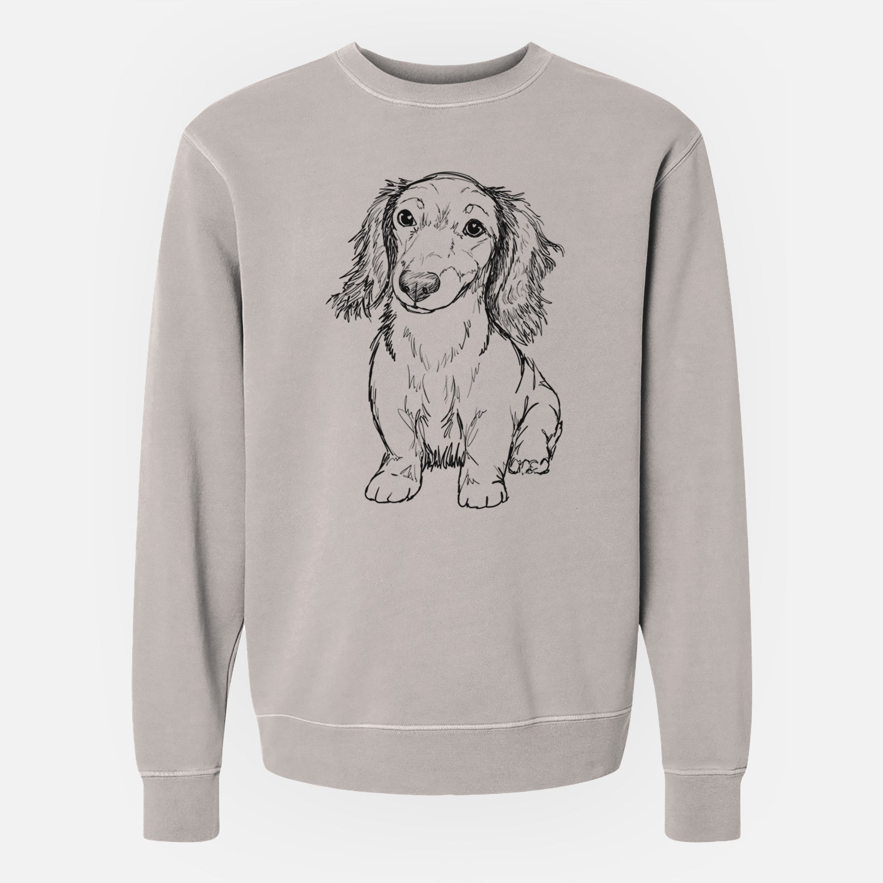 Doodled Sweetie the Toy Long Haired Dachshund - Unisex Pigment Dyed Crew Sweatshirt