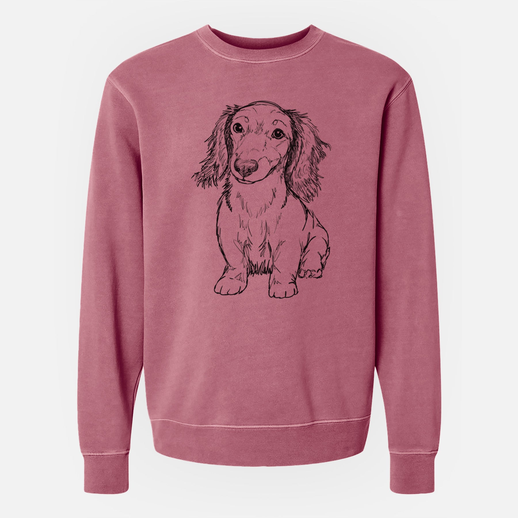 Doodled Sweetie the Toy Long Haired Dachshund - Unisex Pigment Dyed Crew Sweatshirt