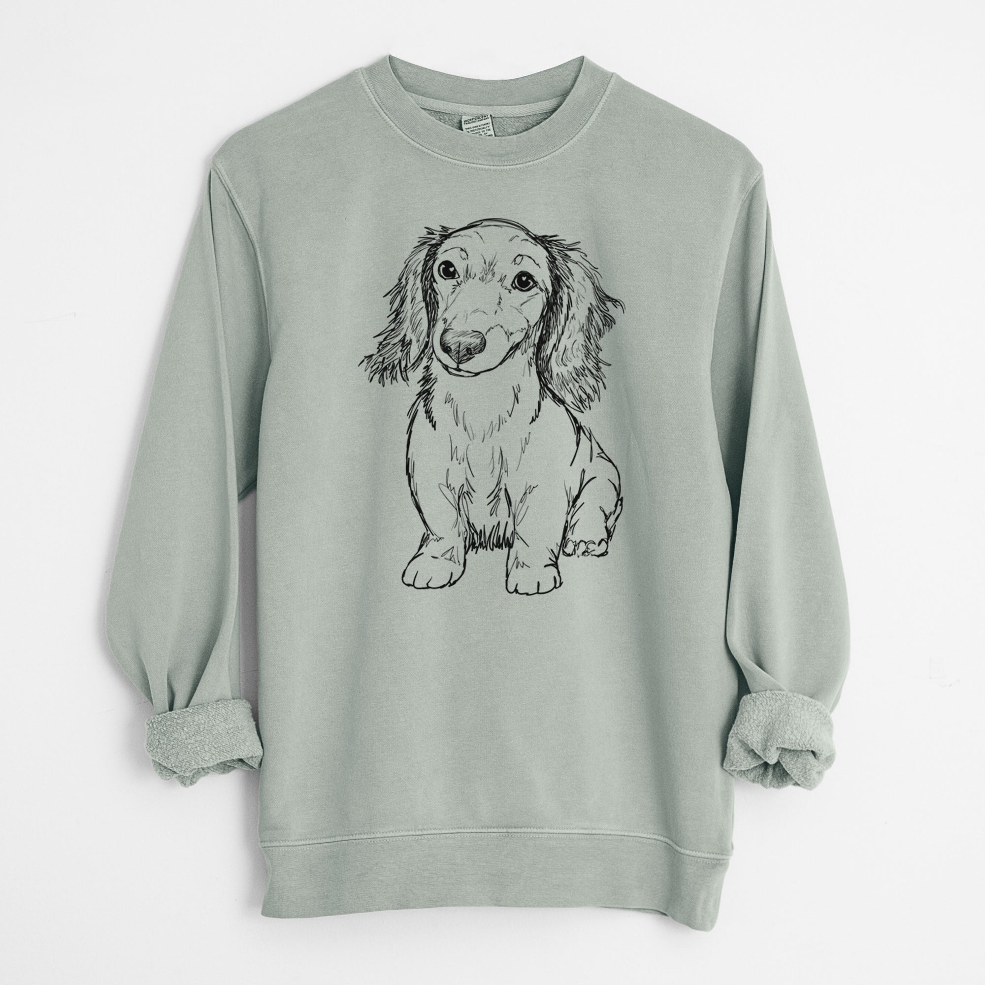 Doodled Sweetie the Toy Long Haired Dachshund - Unisex Pigment Dyed Crew Sweatshirt