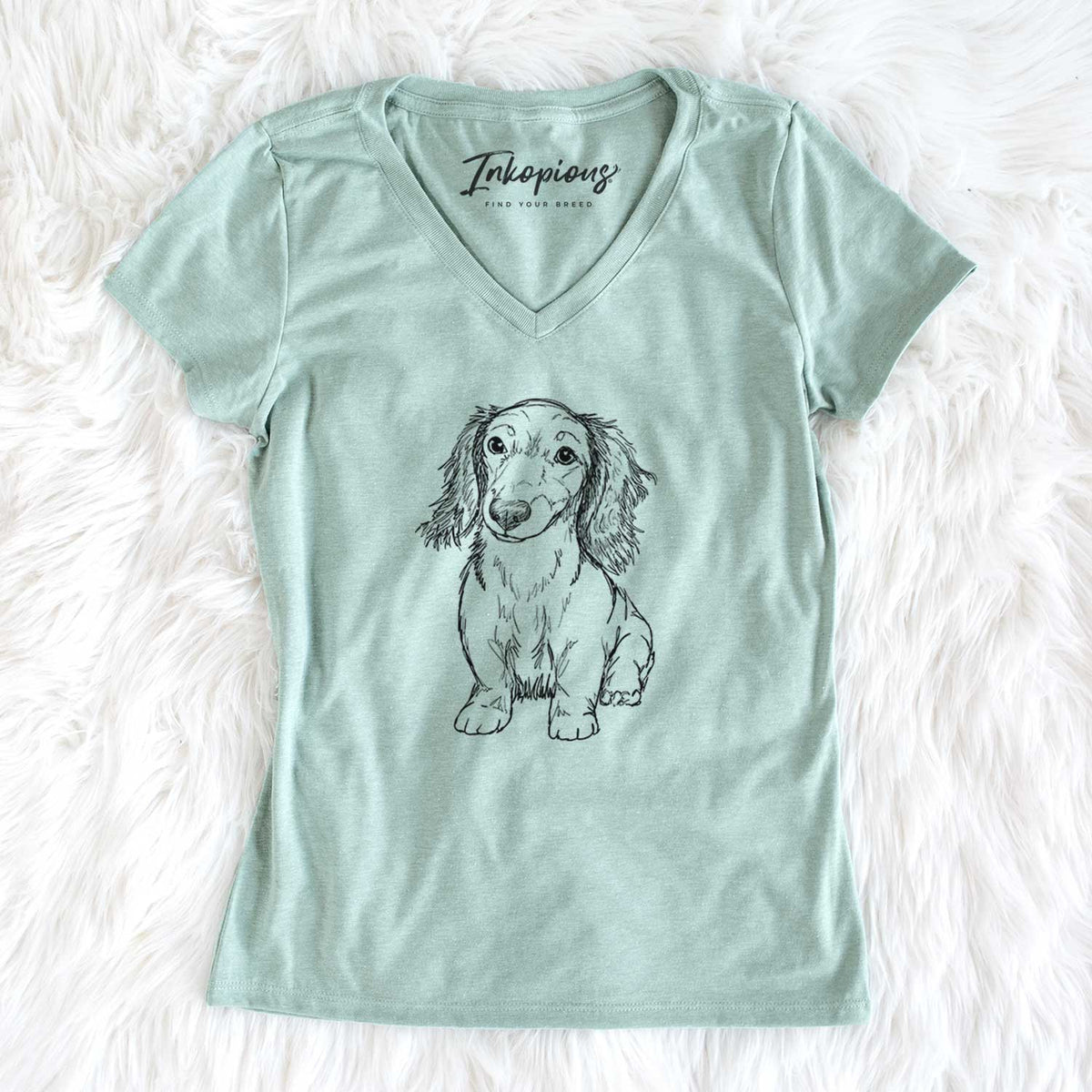 Doodled Sweetie the Toy Long Haired Dachshund - Women&#39;s V-neck Shirt