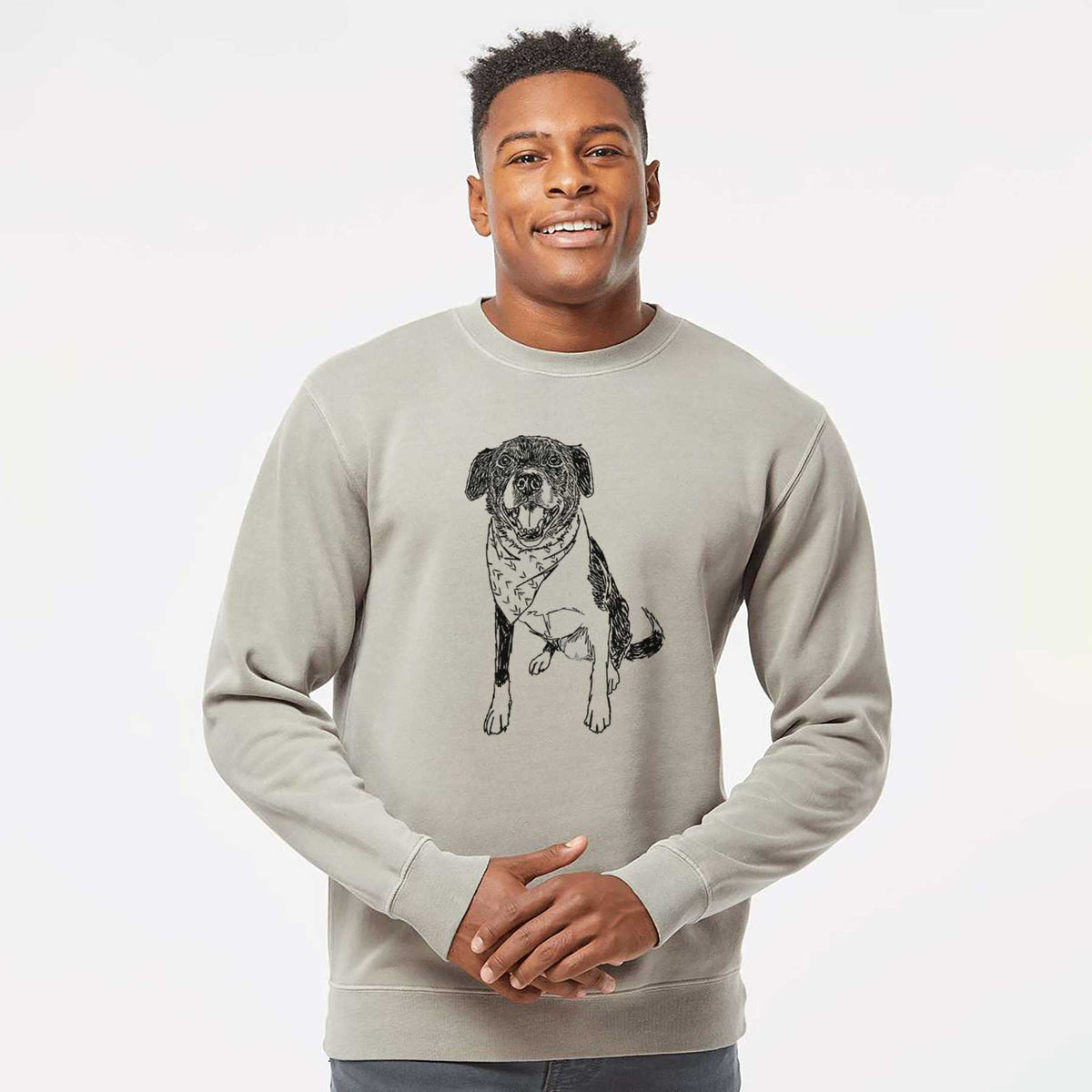 Doodled Tucker the Border Collie Pitbull Mix - Unisex Pigment Dyed Crew Sweatshirt