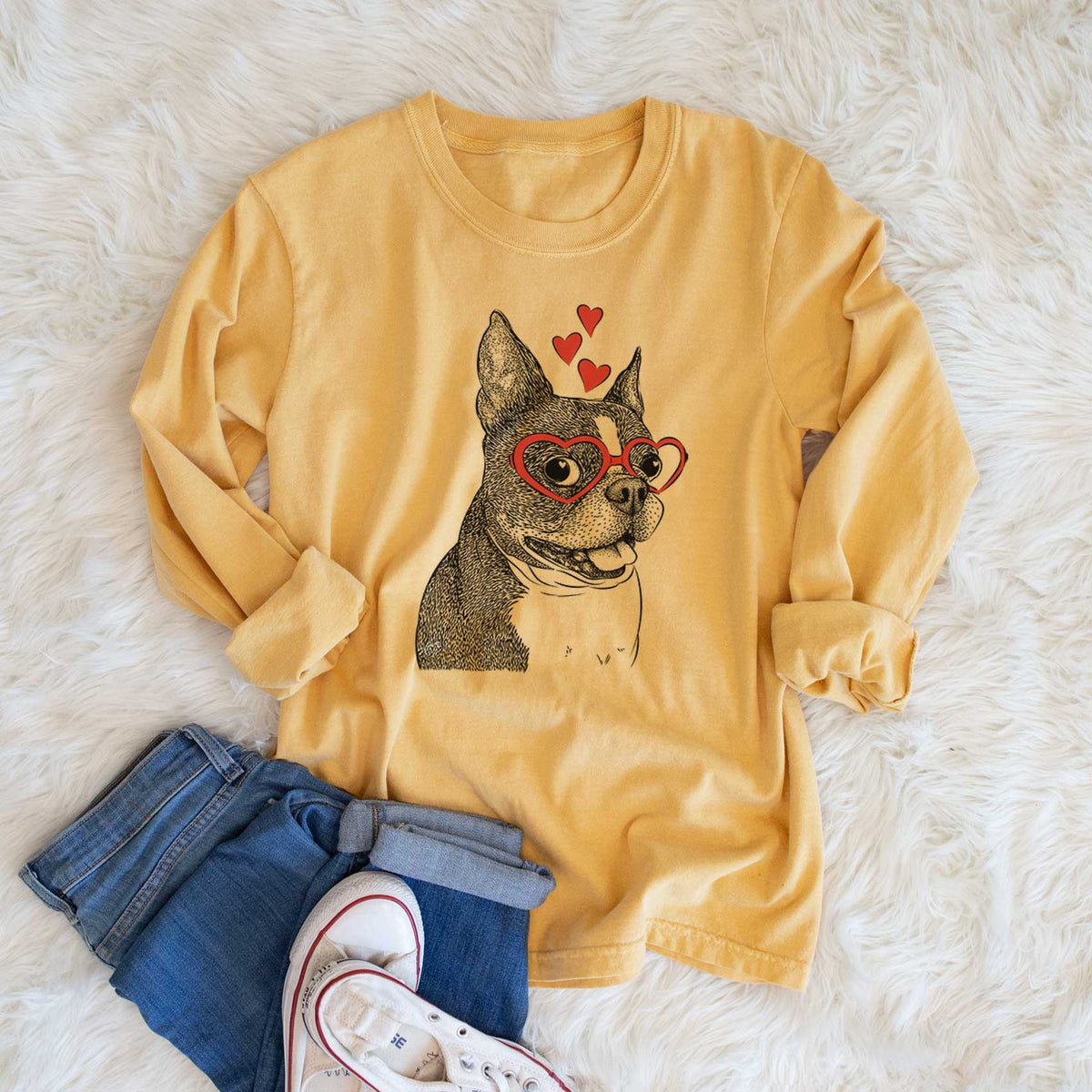 Valentine Ralphie the Boston Terrier - Heavyweight 100% Cotton Long Sleeve