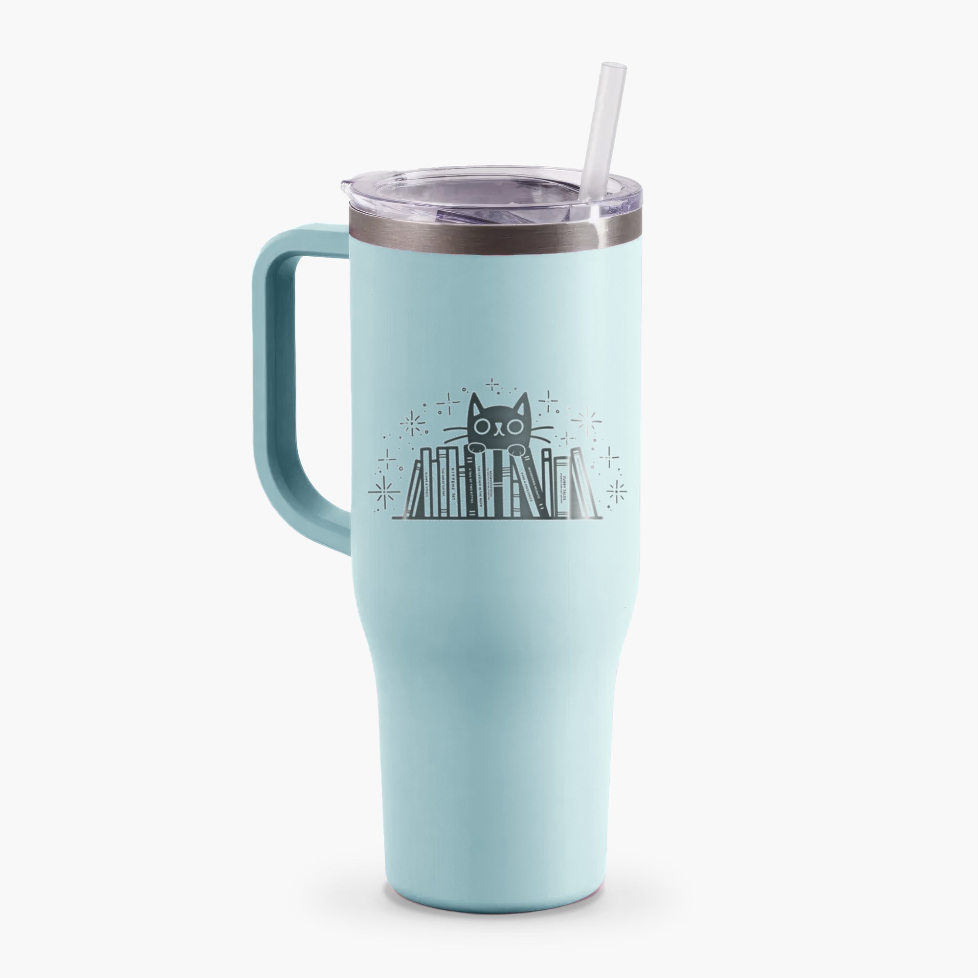 Kitty Library - Black Cat Behind Books - 40oz Tumbler with Handle