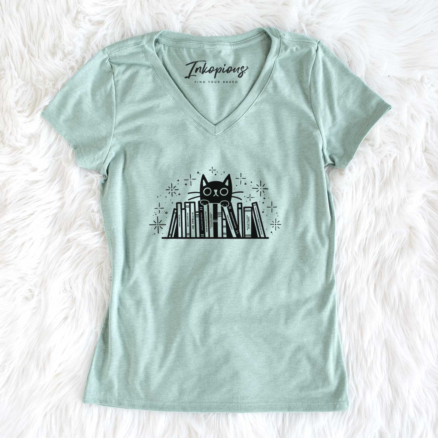 Kitty Library - Black Cat Behind Books - Women's V-neck Shirt