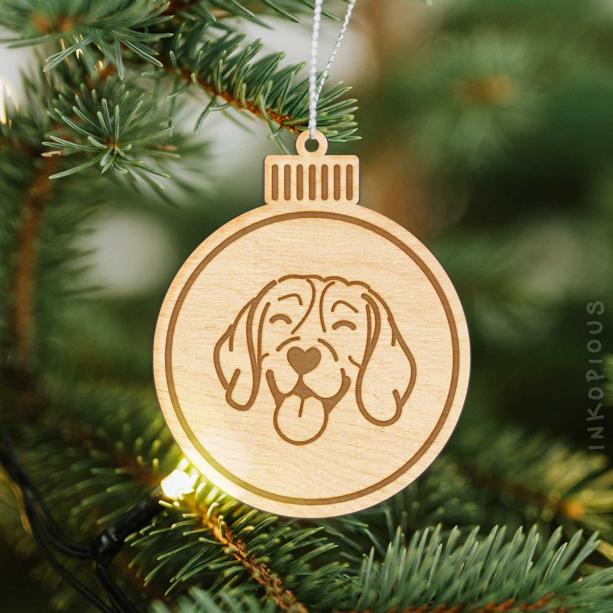 Beagle Christmas Ornament - round wooden ornament