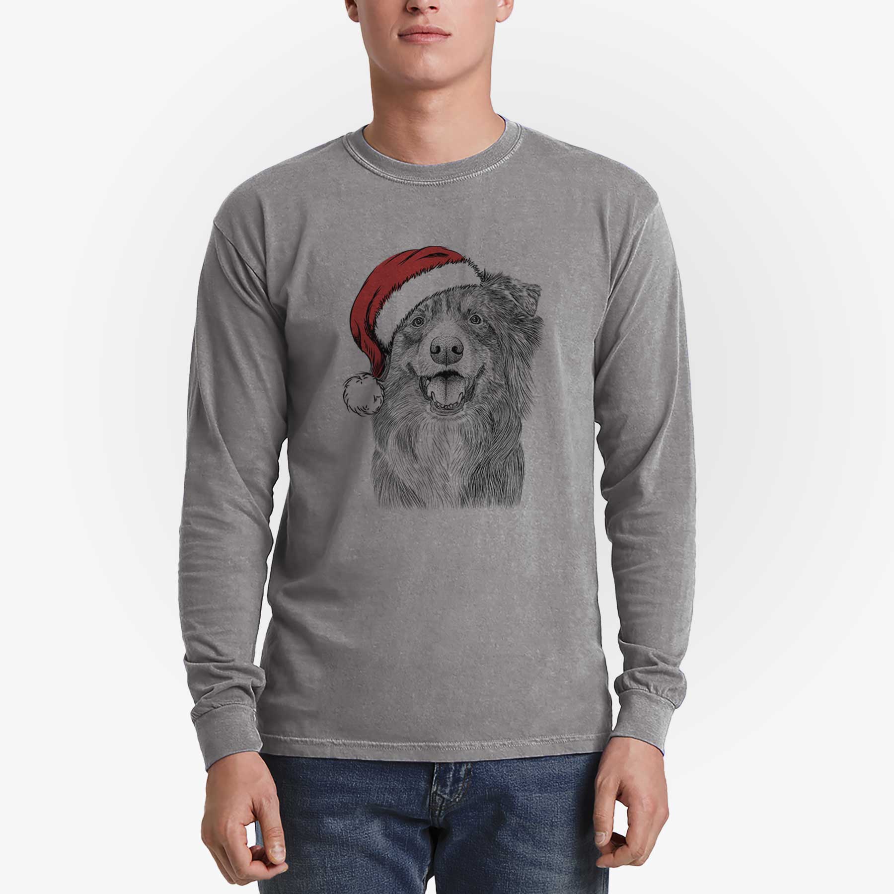 Santa Aussie Parker the Australian Shepherd - Heavyweight 100% Cotton Long Sleeve