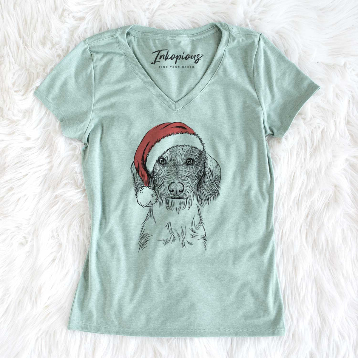 Santa Almond the Wirehaired Dachshund - Women's V-neck Shirt