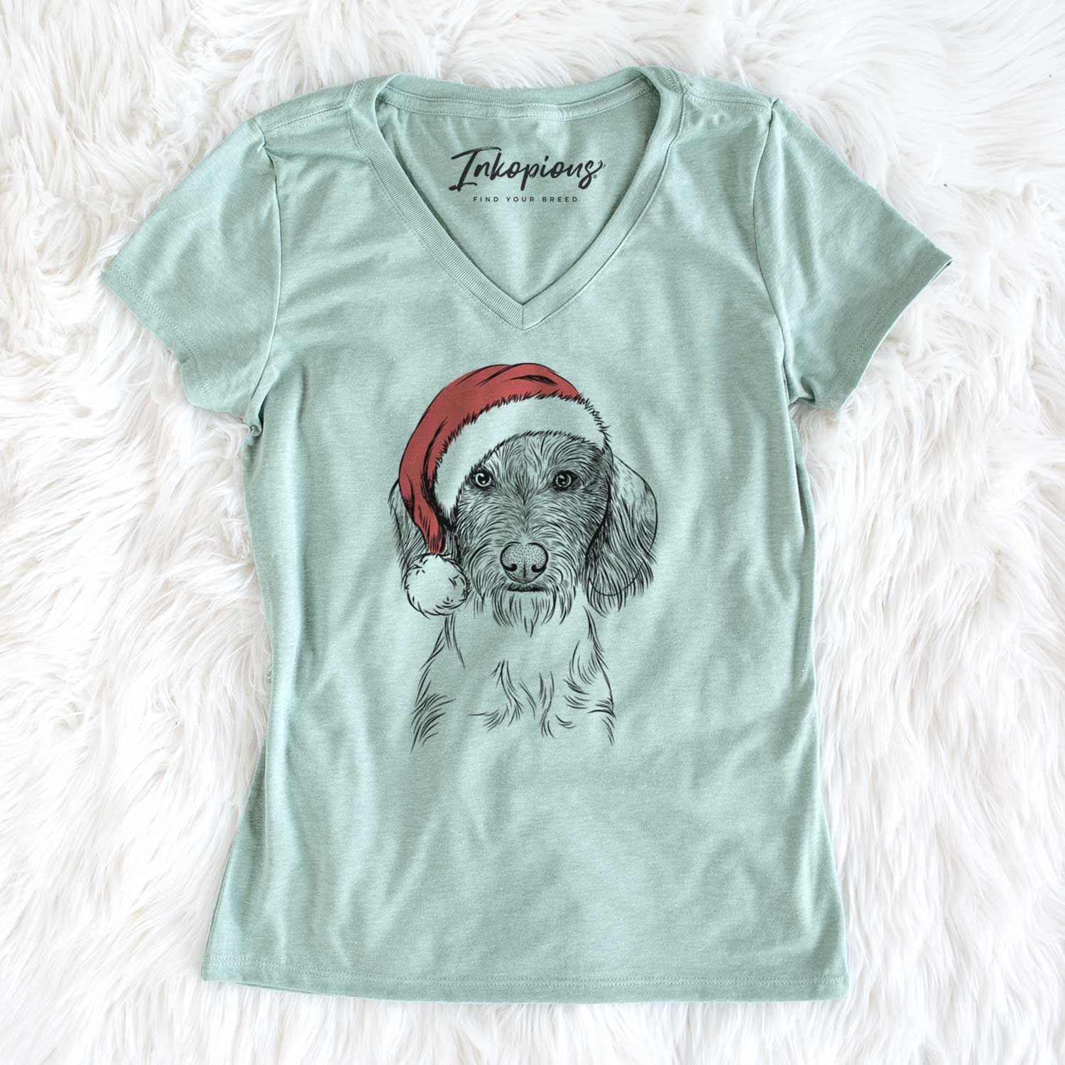 Santa Almond the Wirehaired Dachshund - Women's V-neck Shirt