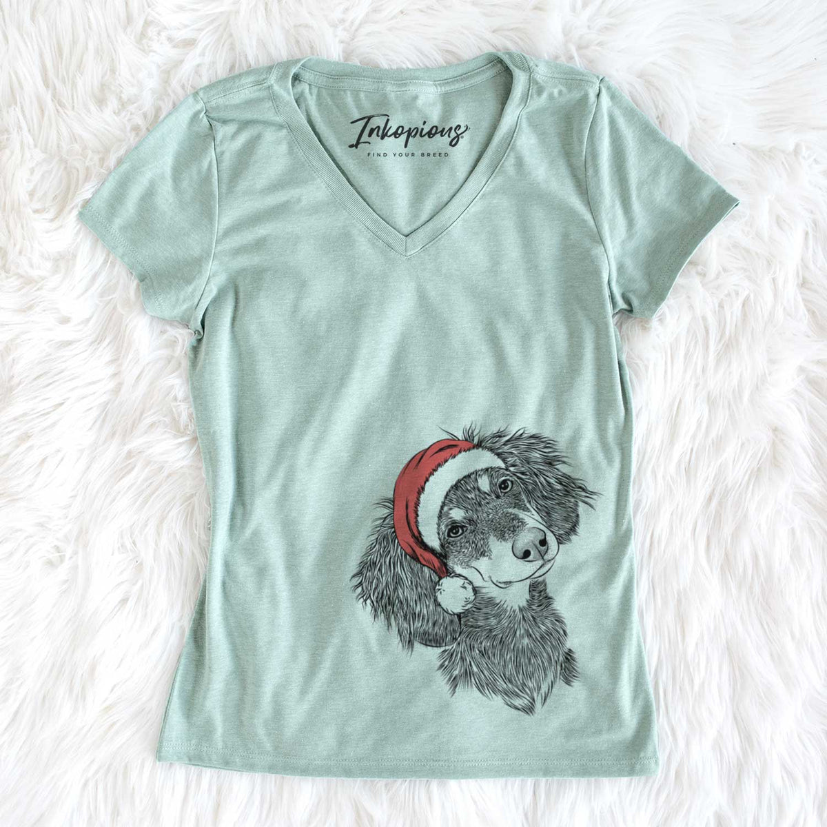 Santa Bailey the Long Haired Dachshund - Women&#39;s V-neck Shirt