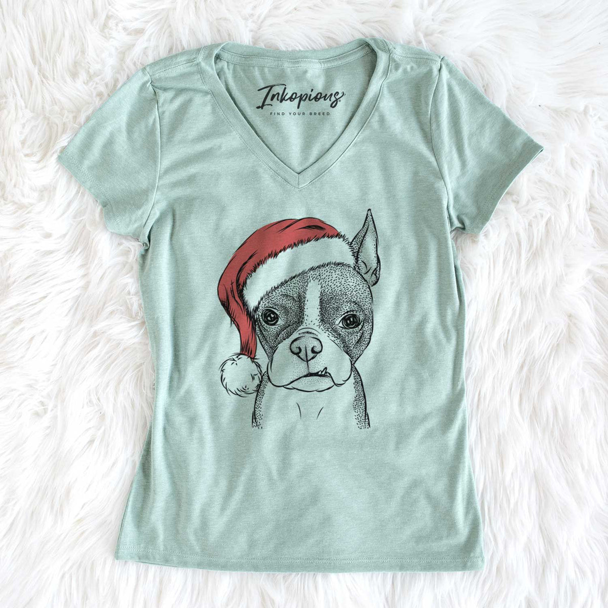 Santa Bean the Boston Terrier - Women's V-neck Shirt