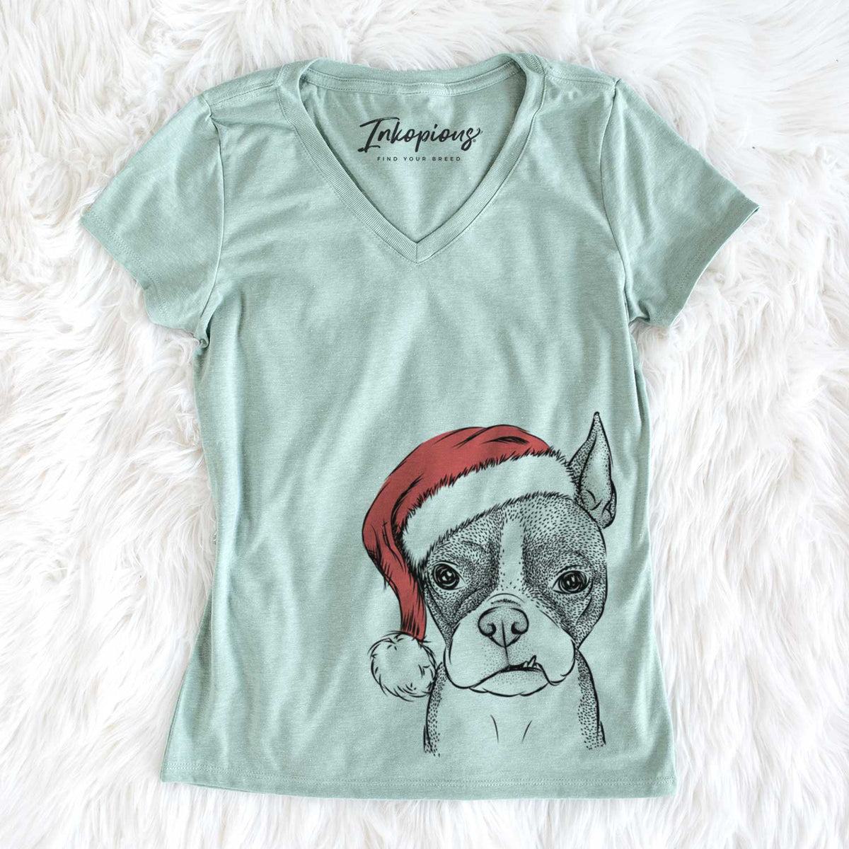 Santa Bean the Boston Terrier - Women&#39;s V-neck Shirt