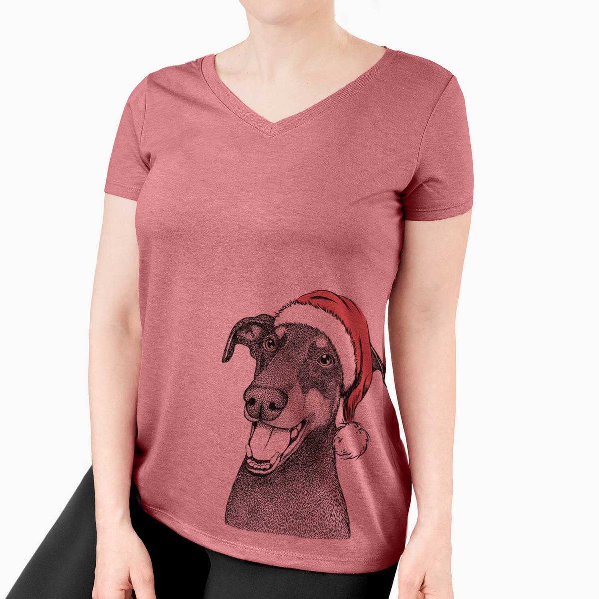 Santa Bunnie the Doberman Pinscher - Women's V-neck Shirt