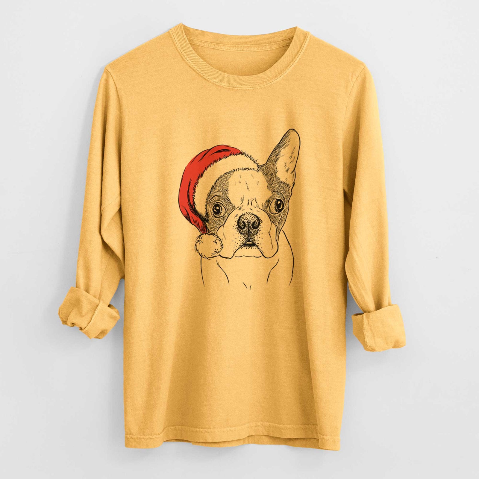 Santa Chocolate Chip the Boston Terrier - Heavyweight 100% Cotton Long Sleeve