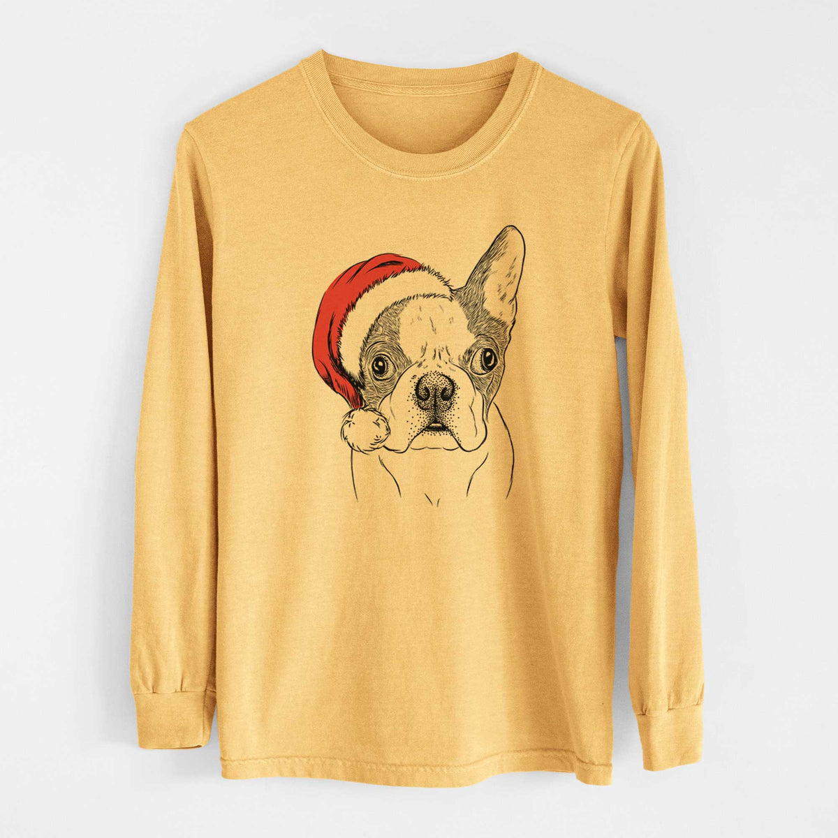 Santa Chocolate Chip the Boston Terrier - Heavyweight 100% Cotton Long Sleeve