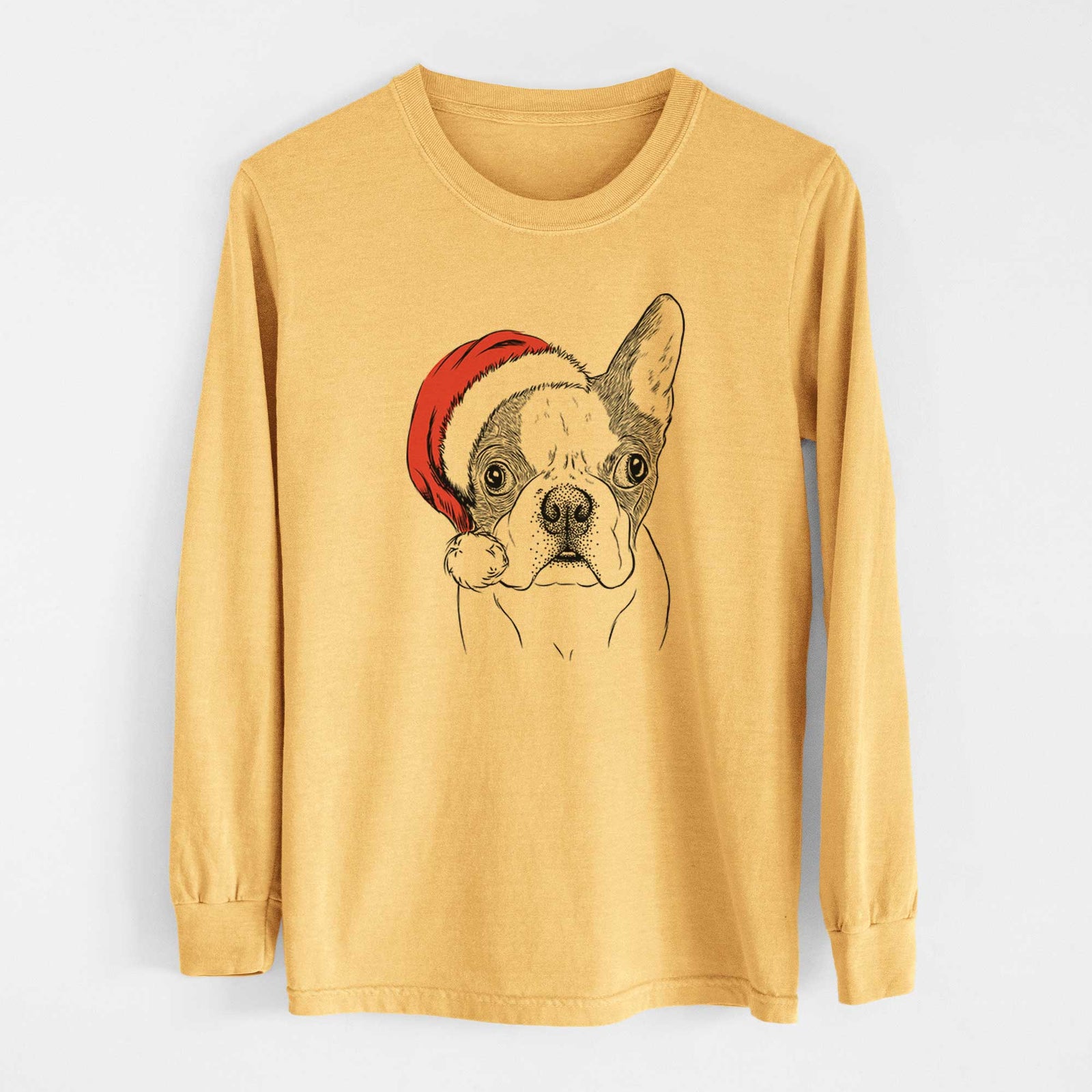 Santa Chocolate Chip the Boston Terrier - Heavyweight 100% Cotton Long Sleeve