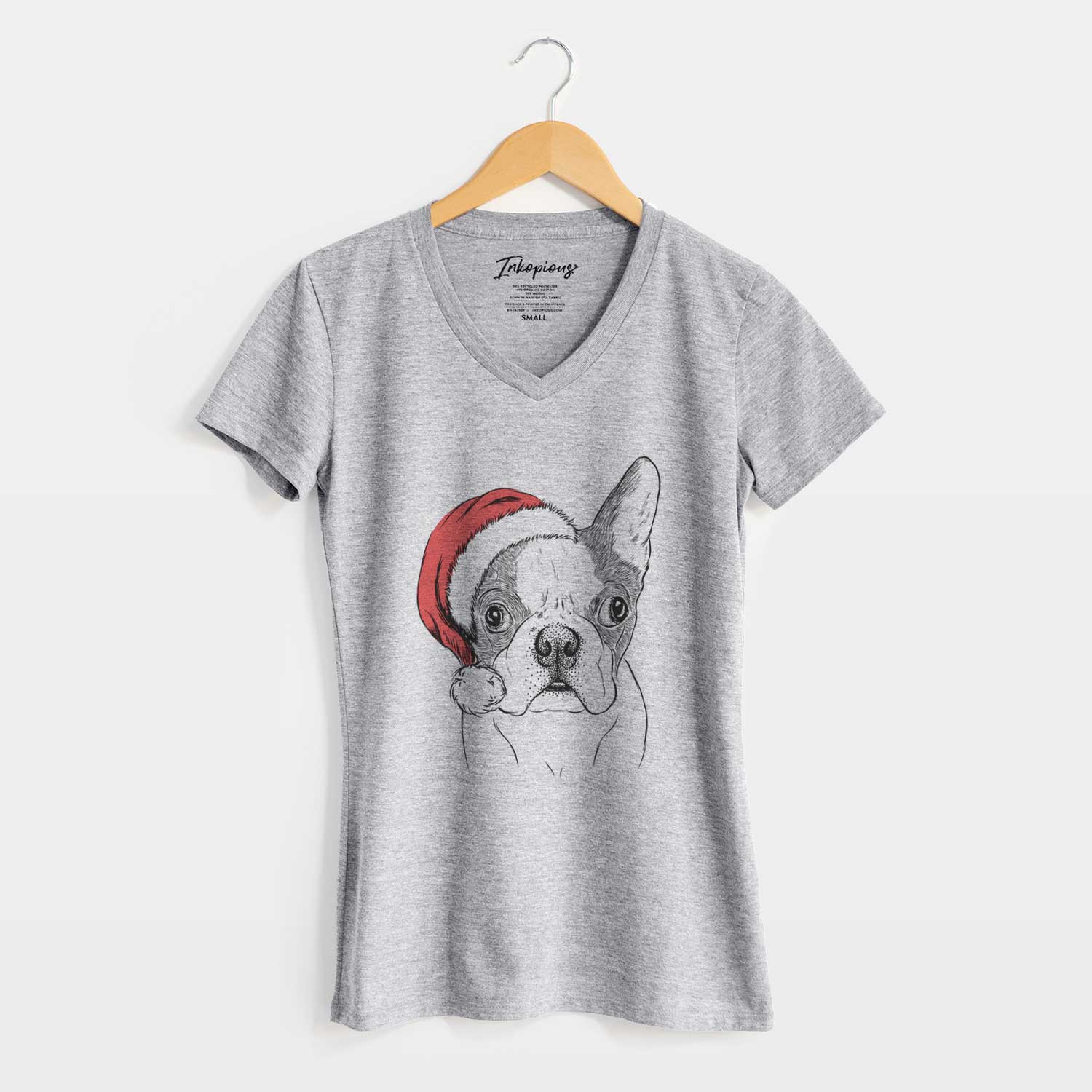 Santa Chocolate Chip the Boston Terrier - Women's V-neck Shirt