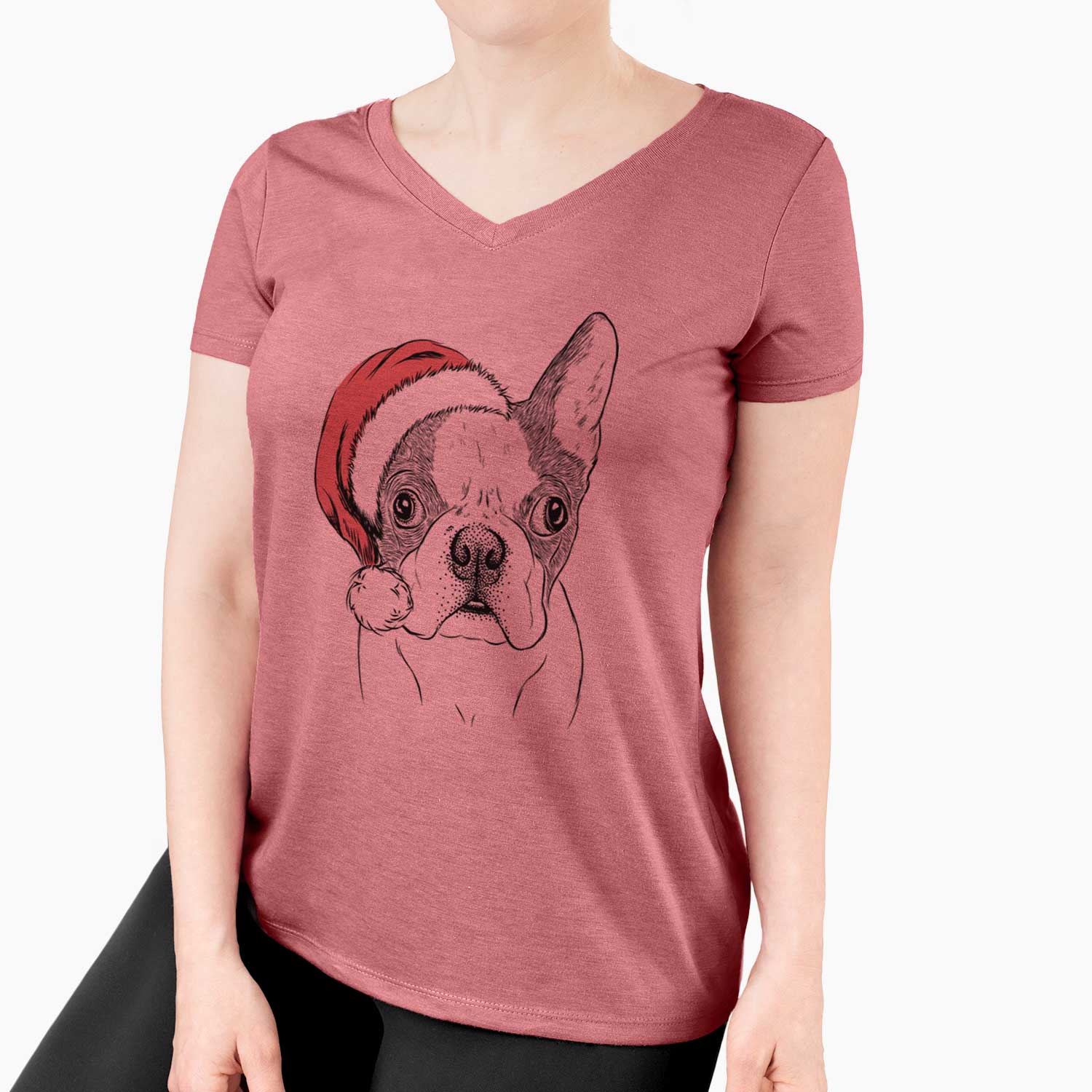 Santa Chocolate Chip the Boston Terrier - Women's V-neck Shirt