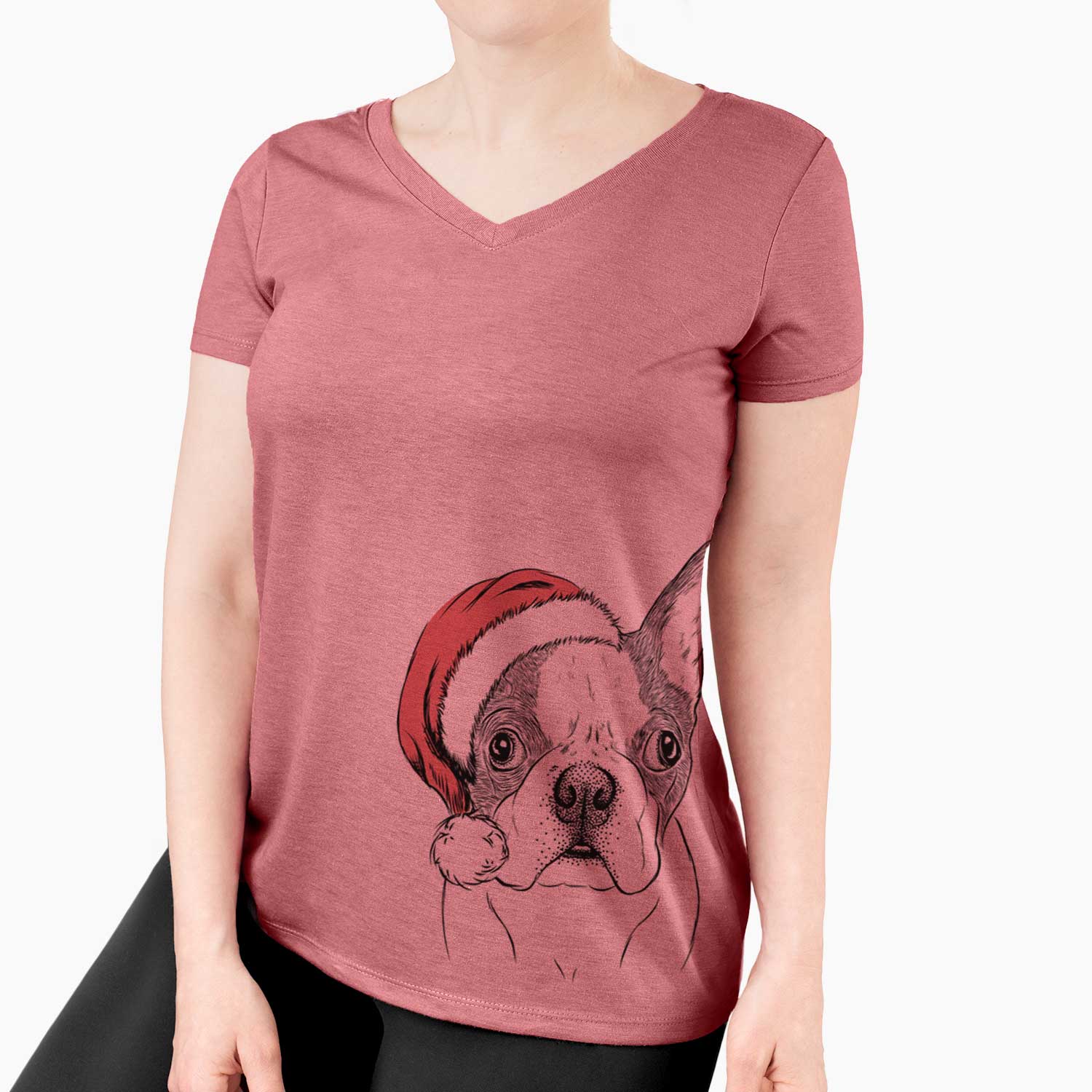 Santa Chocolate Chip the Boston Terrier - Women's V-neck Shirt