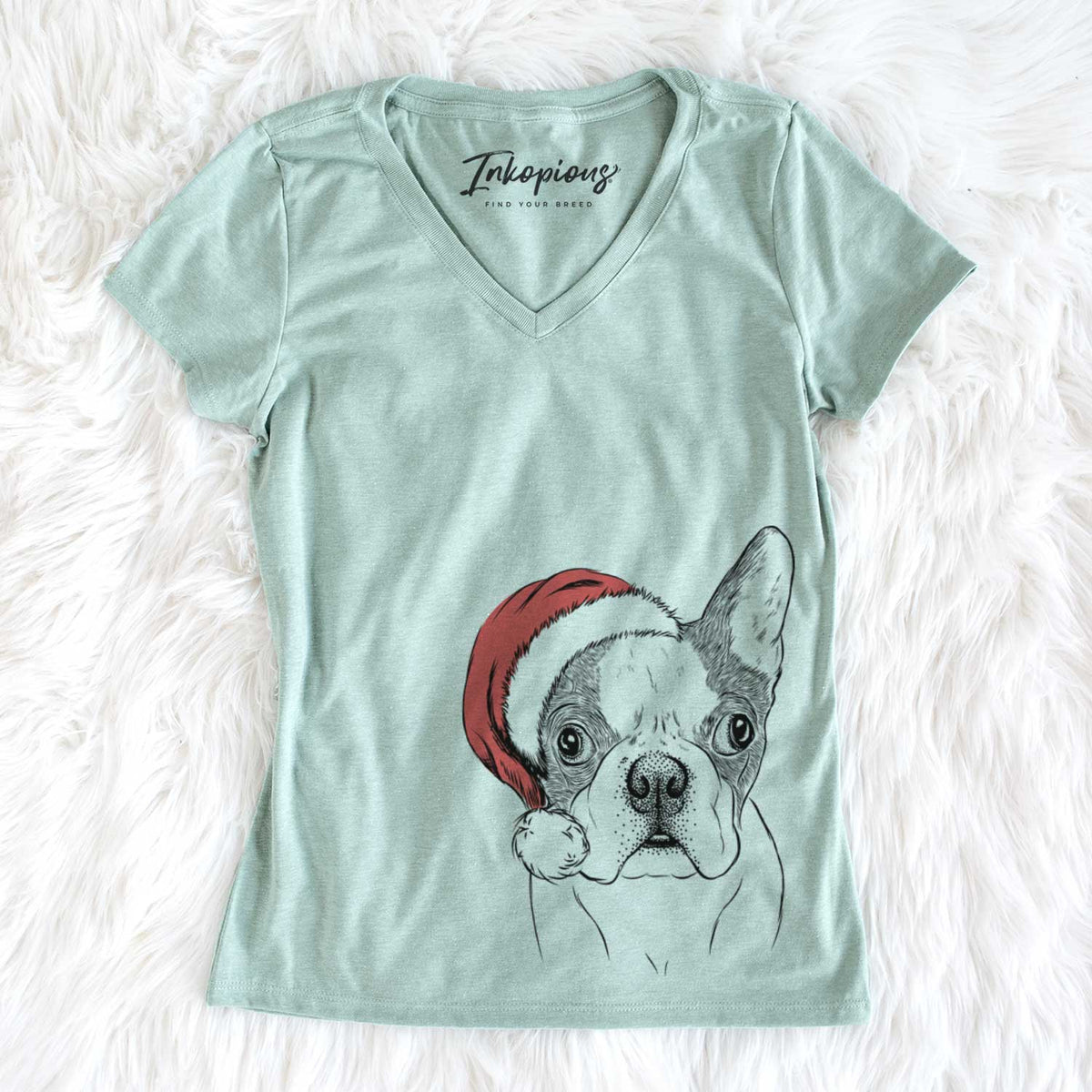 Santa Chocolate Chip the Boston Terrier - Women&#39;s V-neck Shirt