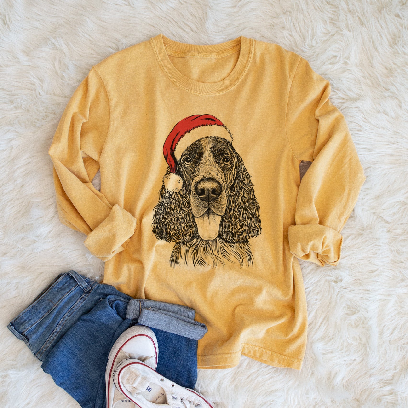 Santa Duke the English Springer Spaniel - Heavyweight 100% Cotton Long Sleeve