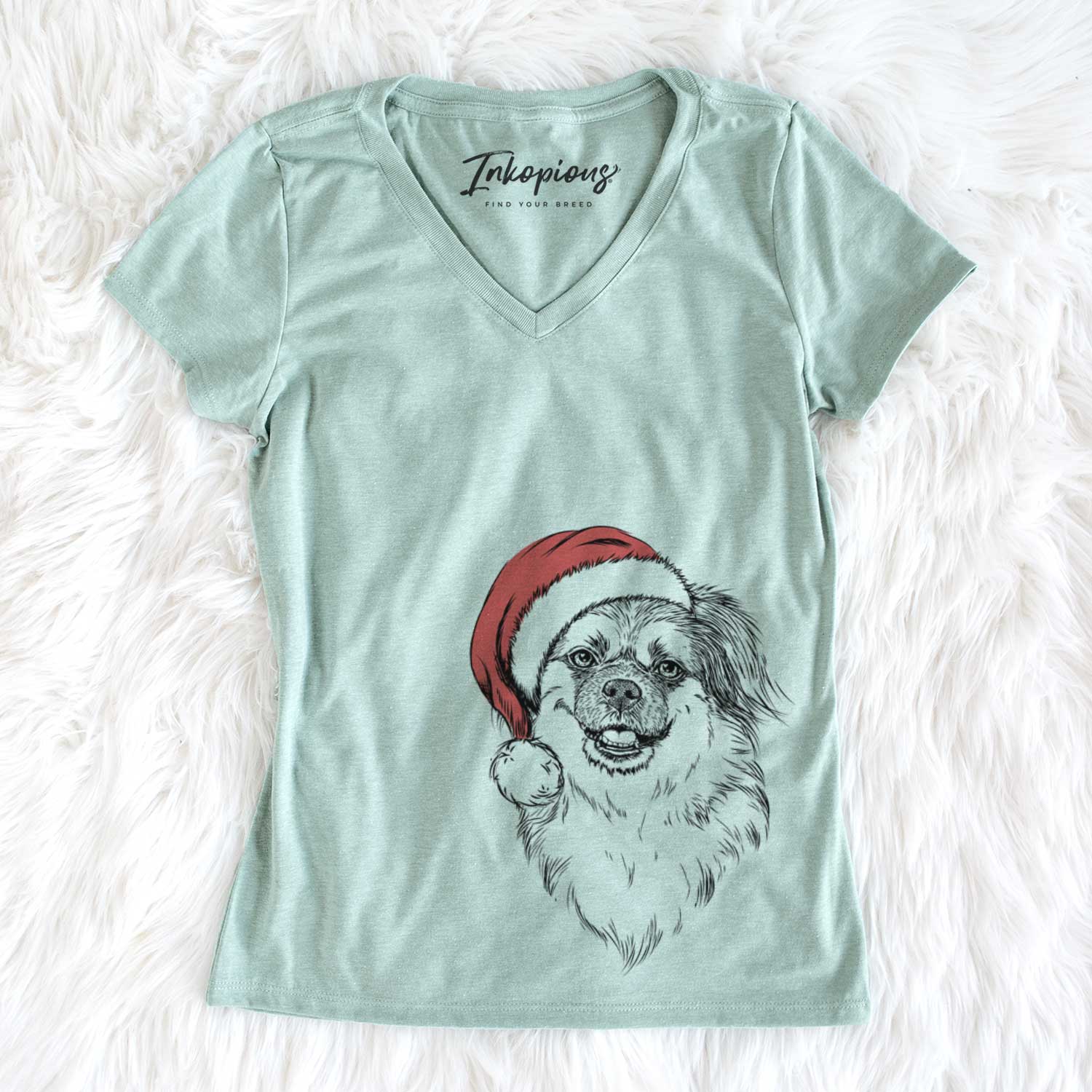 Santa Ed the Tibetan Spaniel - Women's V-neck Shirt