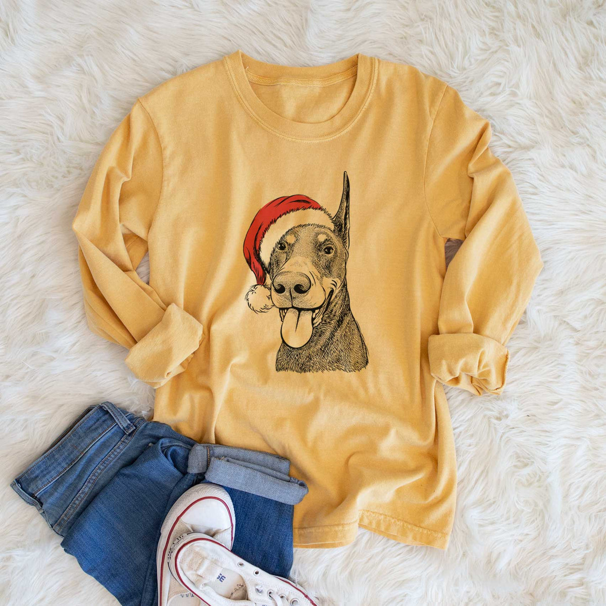 Santa Happy Sunny the Doberman Pinscher - Heavyweight 100% Cotton Long Sleeve