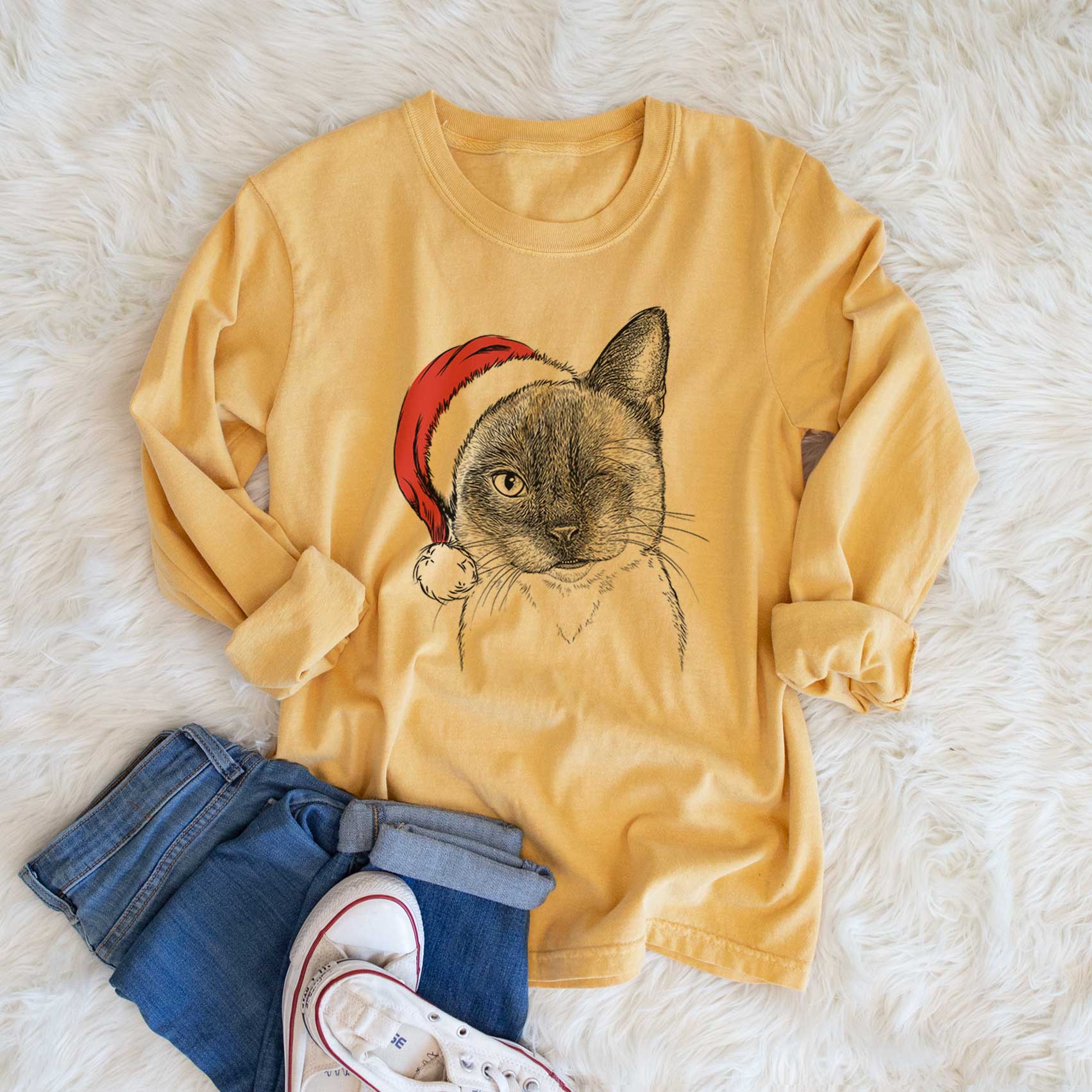 Santa Hoggle the Siamese Cat - Heavyweight 100% Cotton Long Sleeve