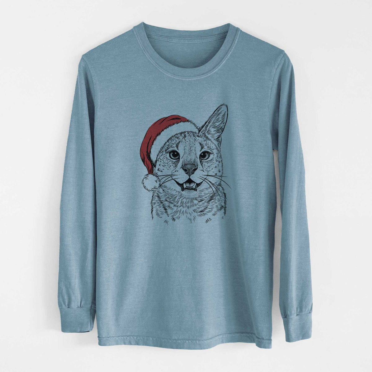 Santa Lucky the Serval Cat - Heavyweight 100% Cotton Long Sleeve