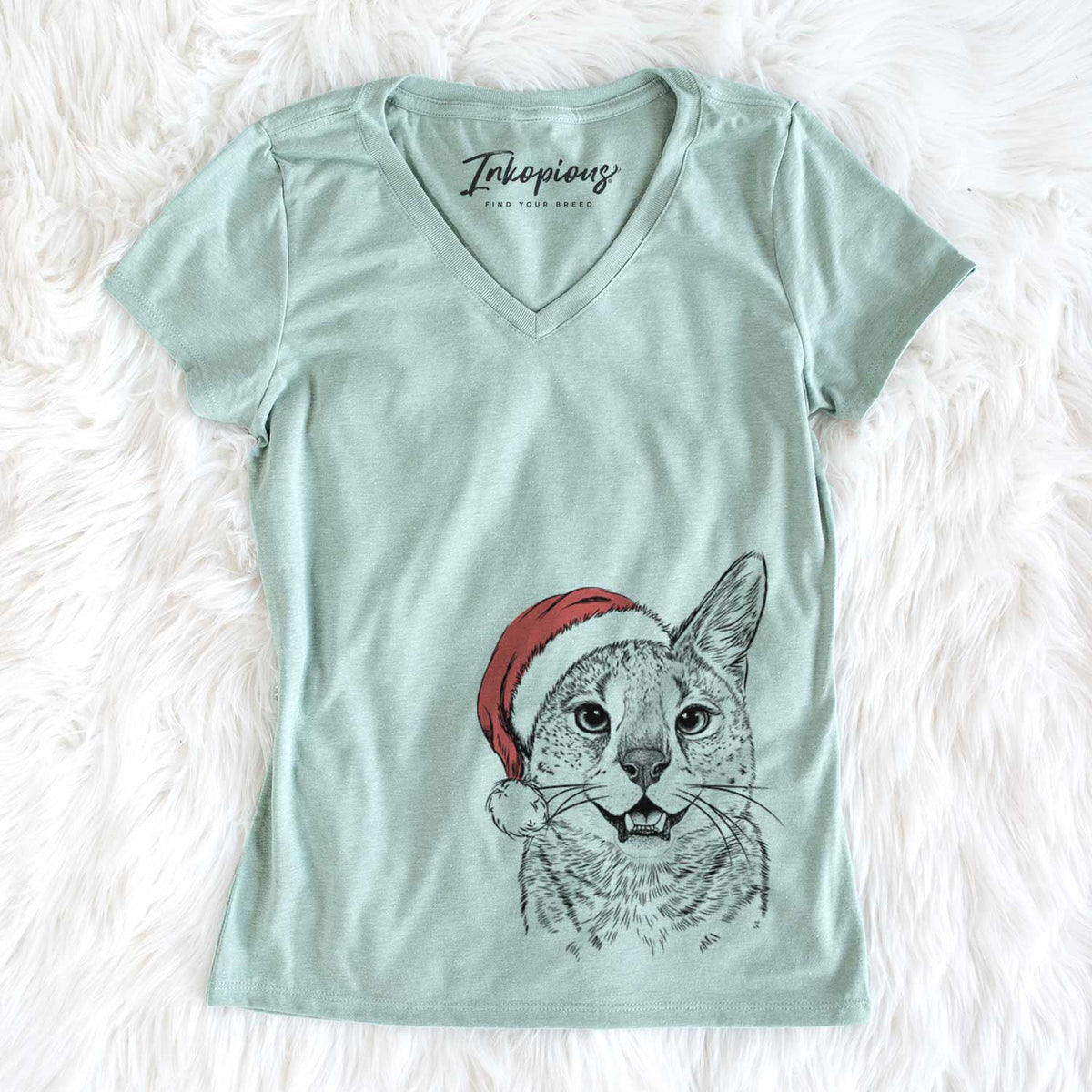 Santa Lucky the Serval Cat - Women&#39;s V-neck Shirt