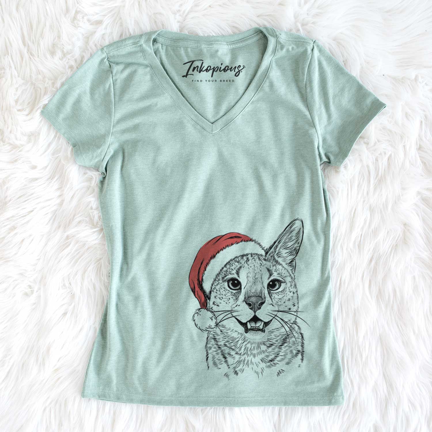 Santa Lucky the Serval Cat - Women's V-neck Shirt