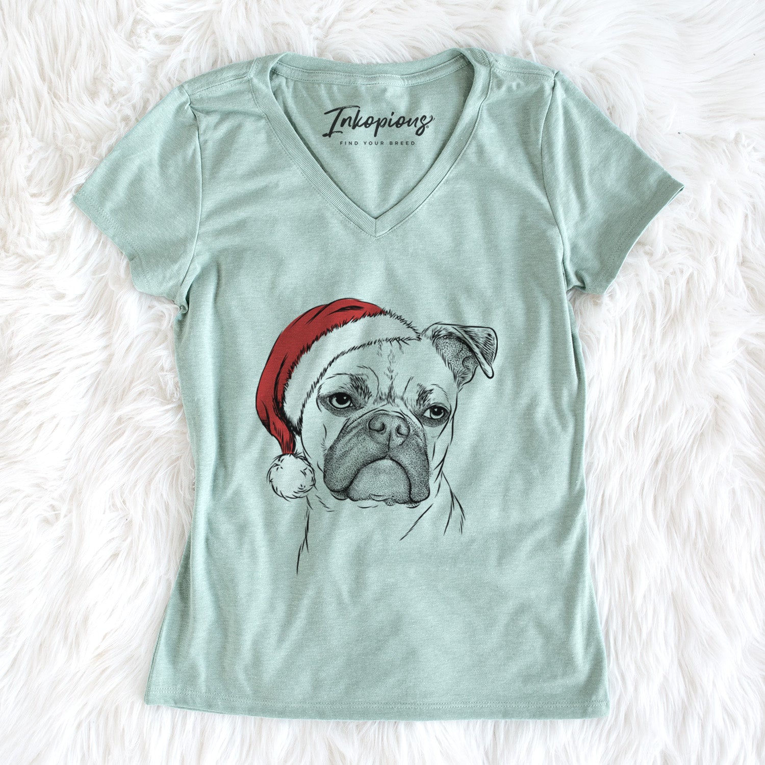 Santa Mack the Bugg (Boston Terrier/Pug) - Women's Perfect V-neck Shirt