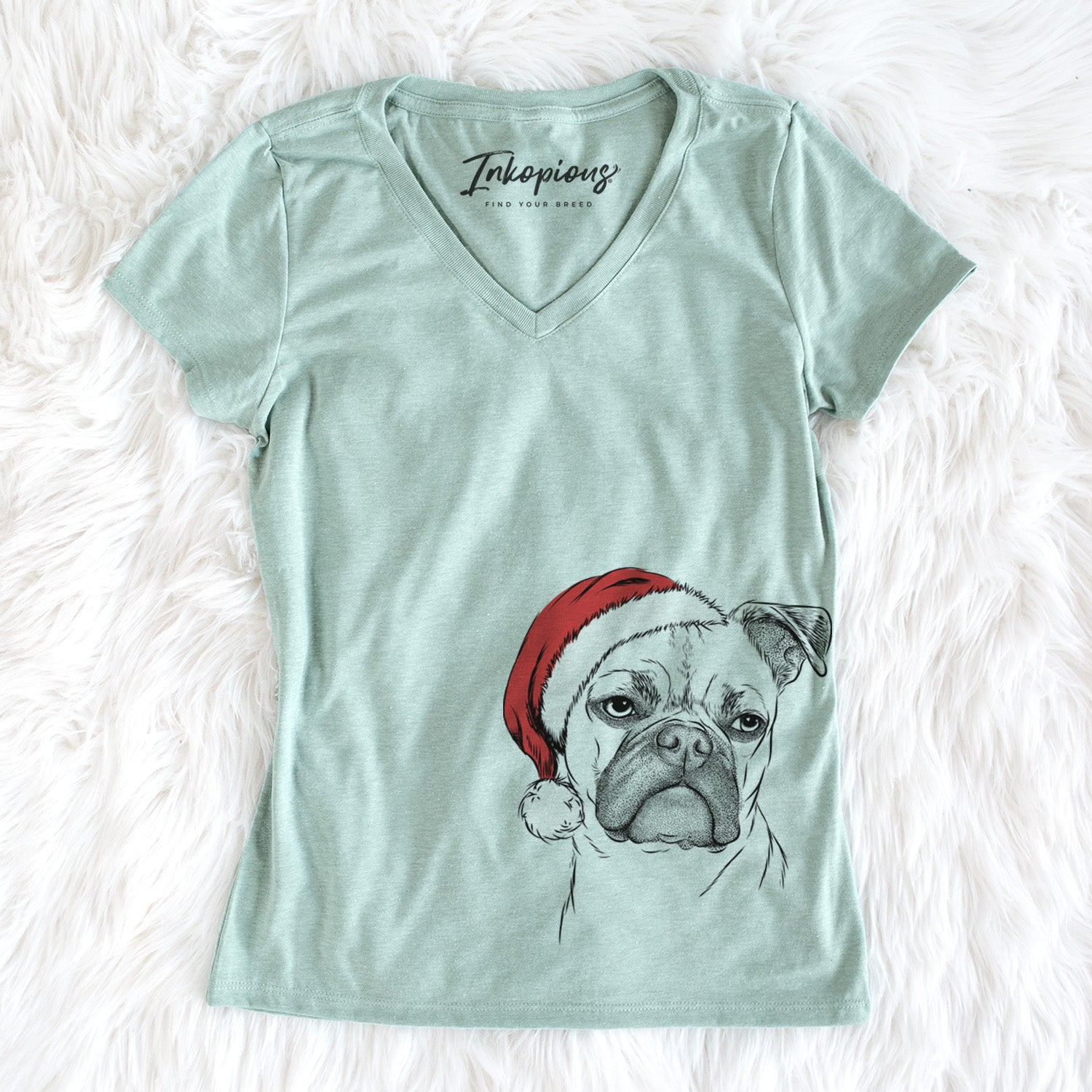 Santa Mack the Bugg (Boston Terrier/Pug) - Women's Perfect V-neck Shirt