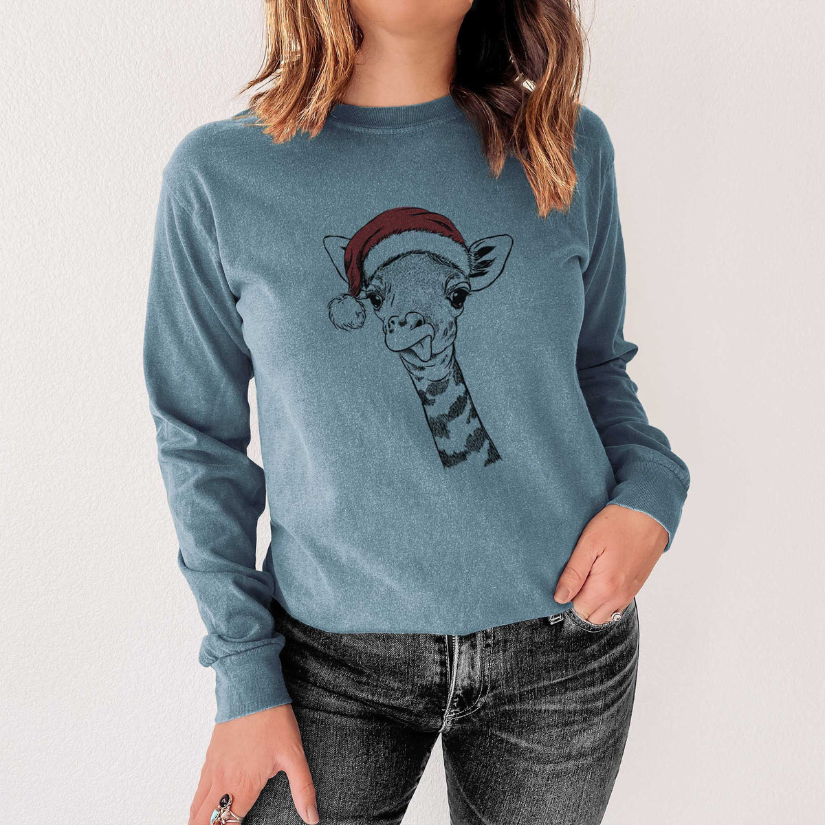 Santa Mel the Baby Giraffe - Heavyweight 100% Cotton Long Sleeve