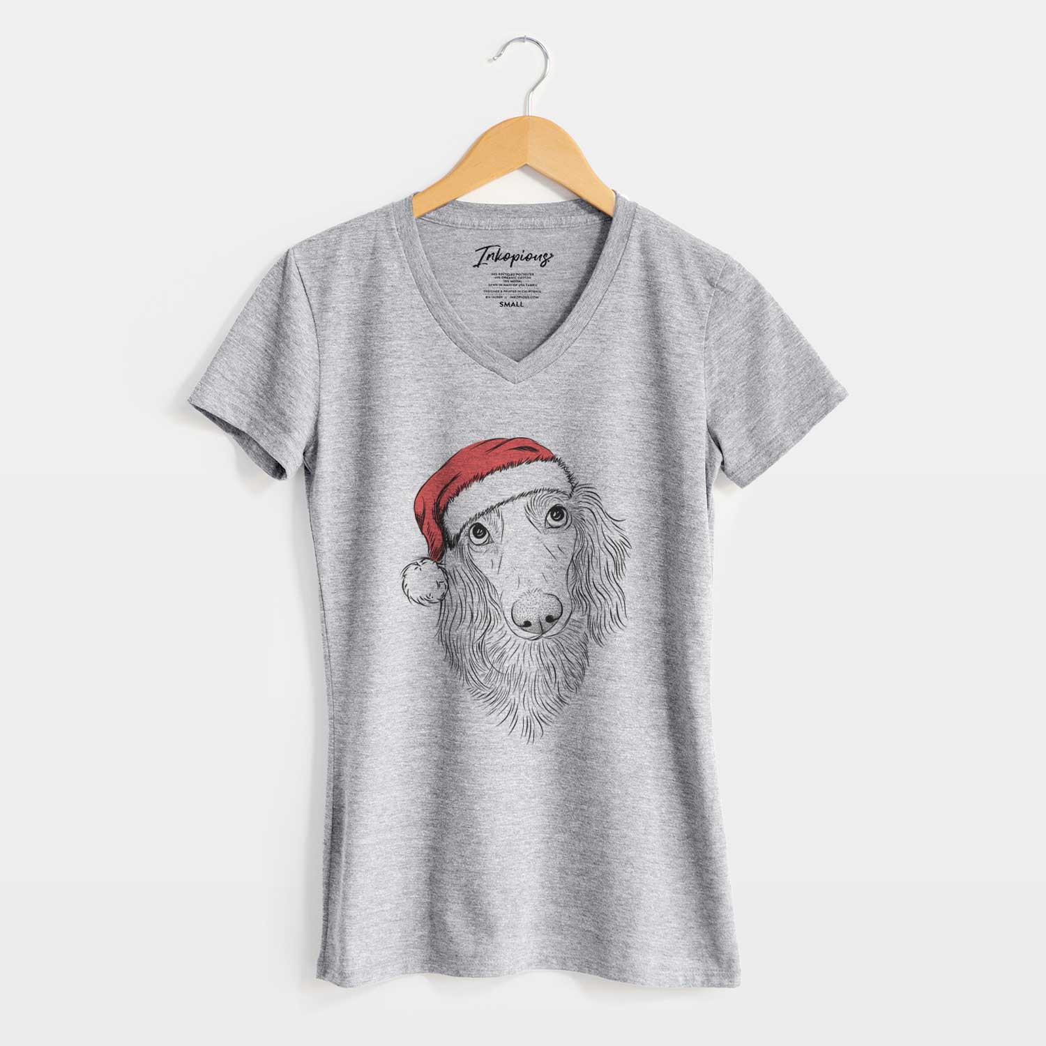 Santa Mr. Rusty the Long Haired Dachshund - Women's V-neck Shirt