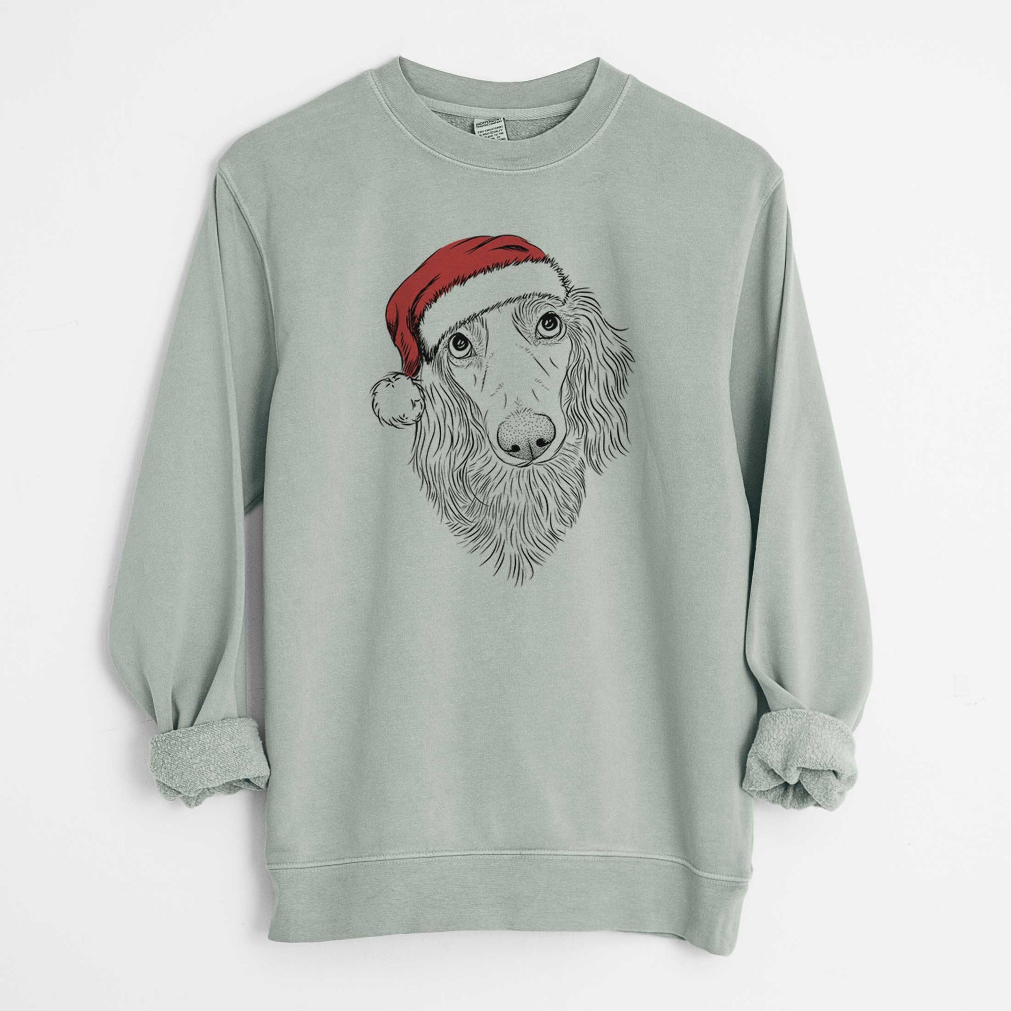 Santa Mr. Rusty the Long Haired Dachshund - Unisex Pigment Dyed Crew Sweatshirt