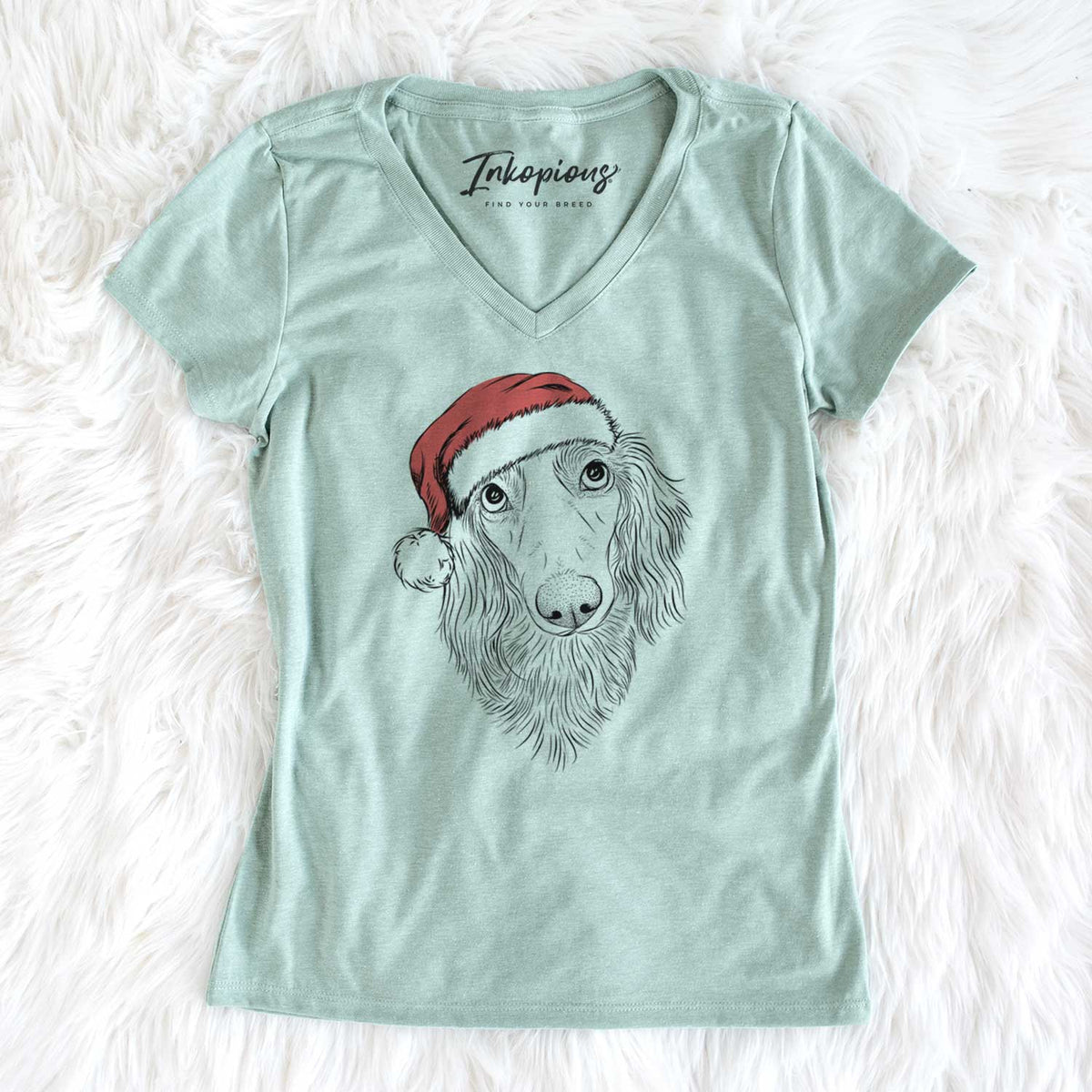 Santa Mr. Rusty the Long Haired Dachshund - Women's V-neck Shirt