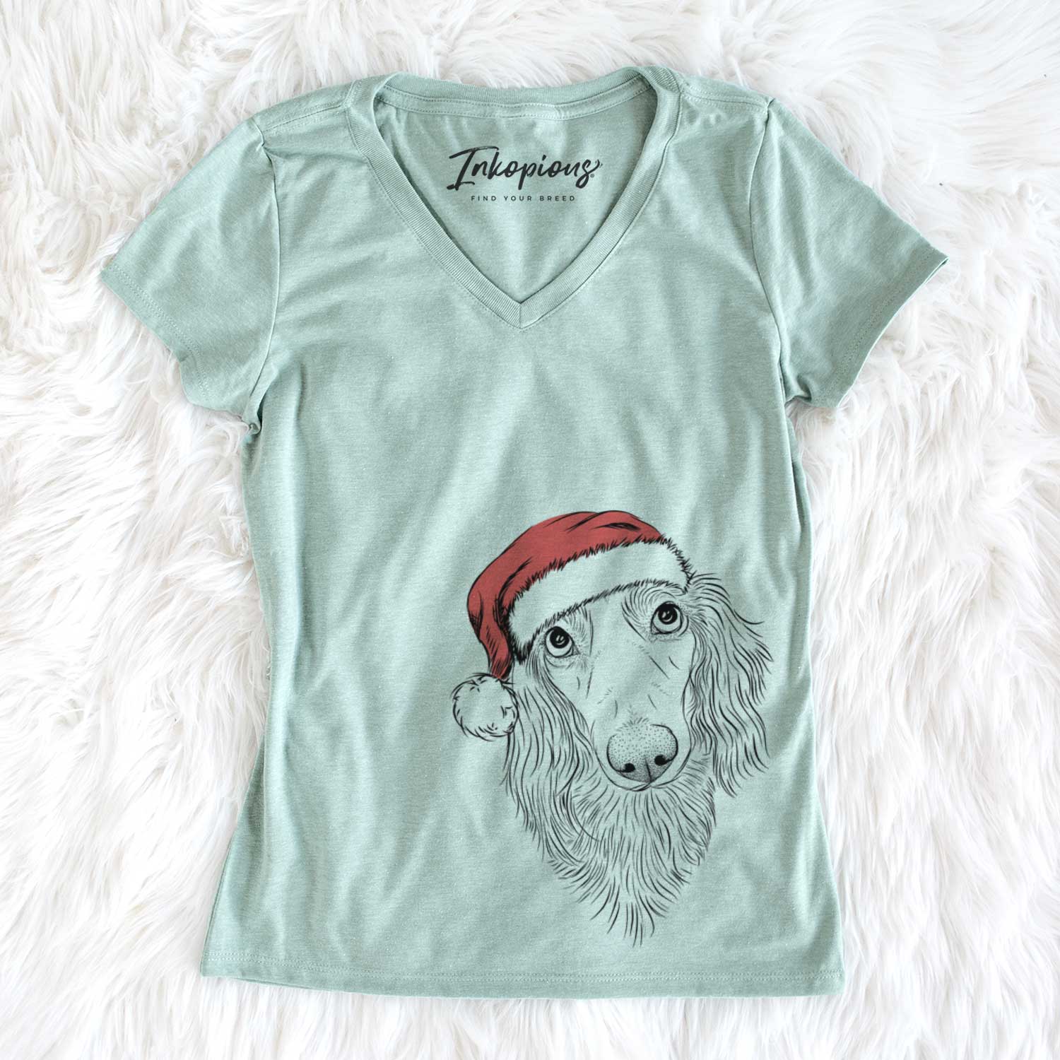 Santa Mr. Rusty the Long Haired Dachshund - Women's V-neck Shirt