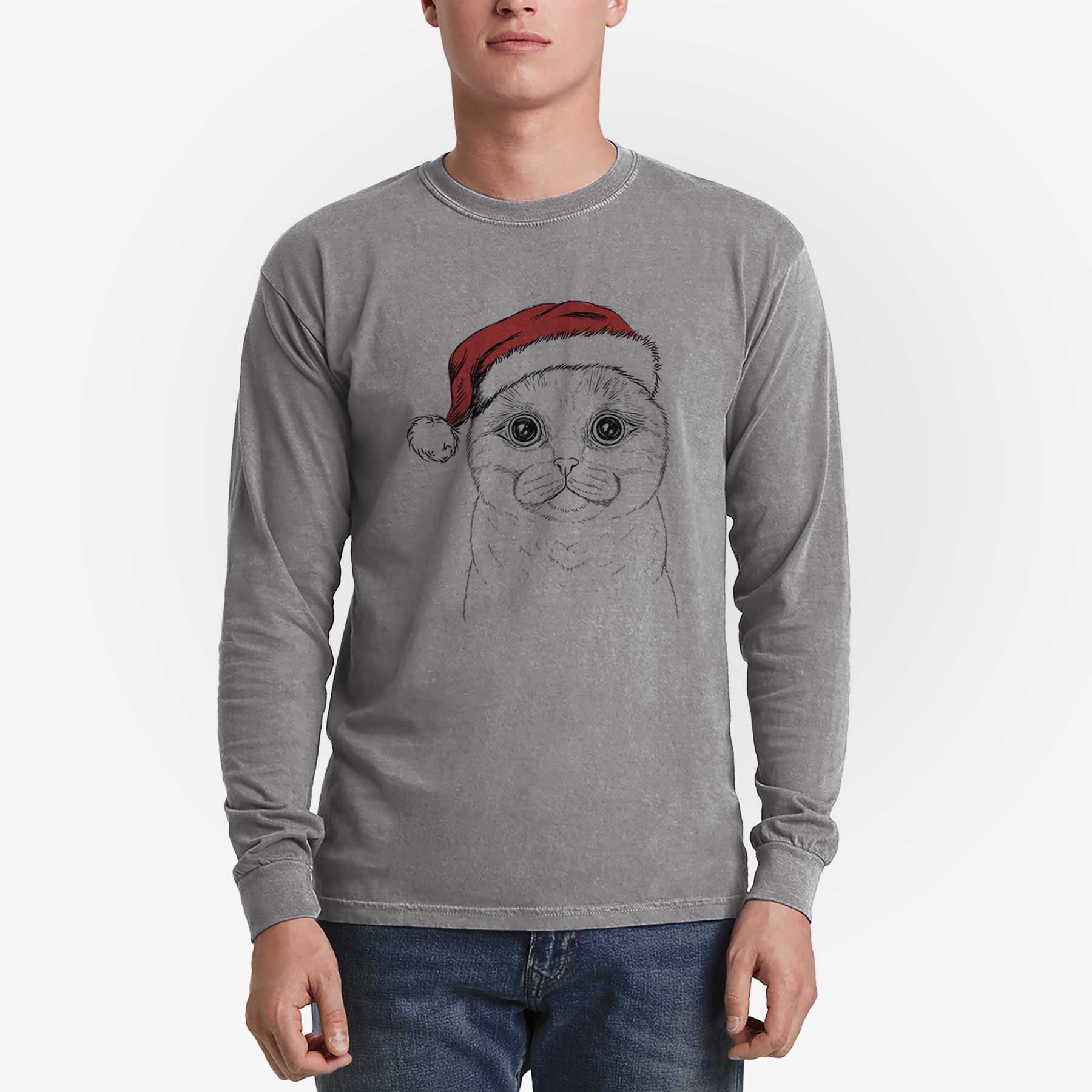 Santa Neko the Scottish Fold Cat - Heavyweight 100% Cotton Long Sleeve