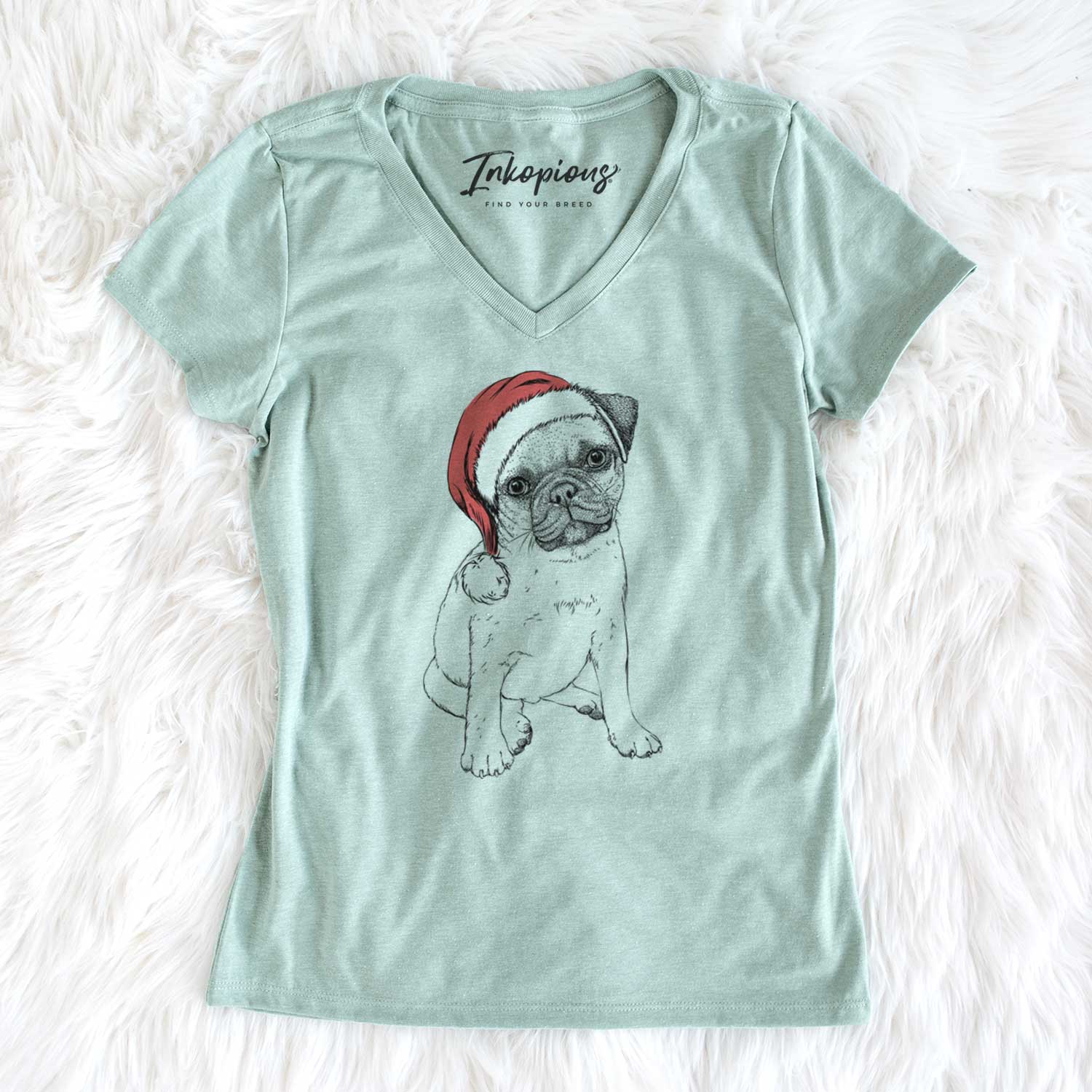 Santa Nelson the Pug Puppy - Women's V-neck Shirt